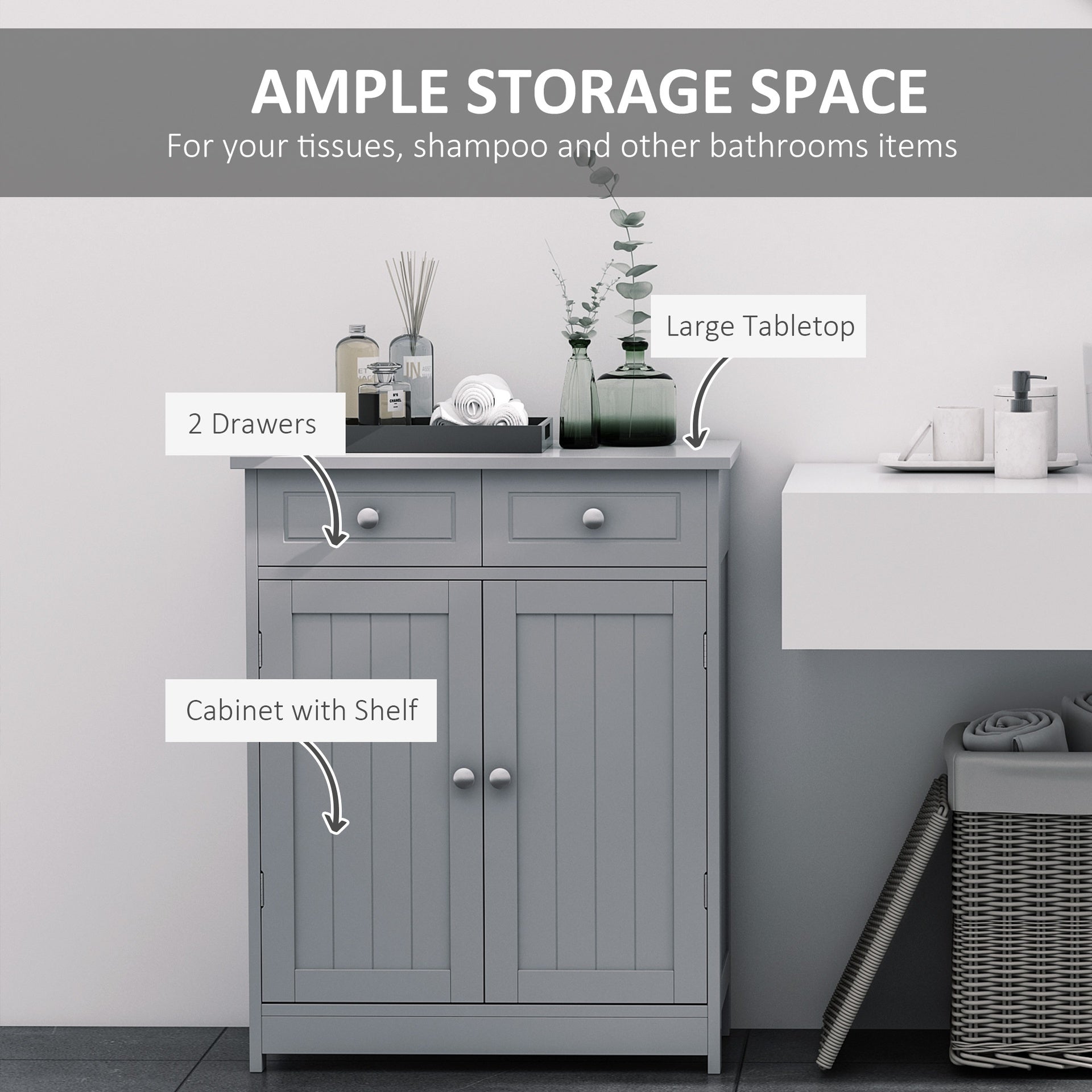 Kleankin Freestanding Bathroom Floor Cabinet, Wooden Bathroom Cabinet with 2 Doors, 2 Drawers and Adjustable Shelf, Gray