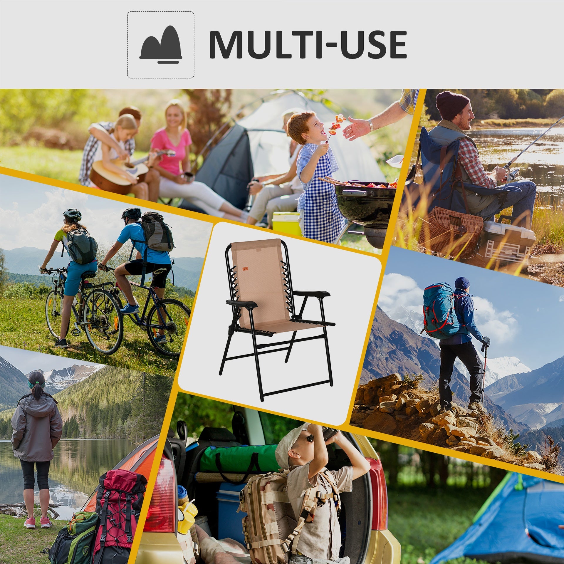 Outsunny Patio Folding Chair, Outdoor Bungee Sling Chair w/ Armrests, Portable Lawn Chair for Camping, Garden, Beige
