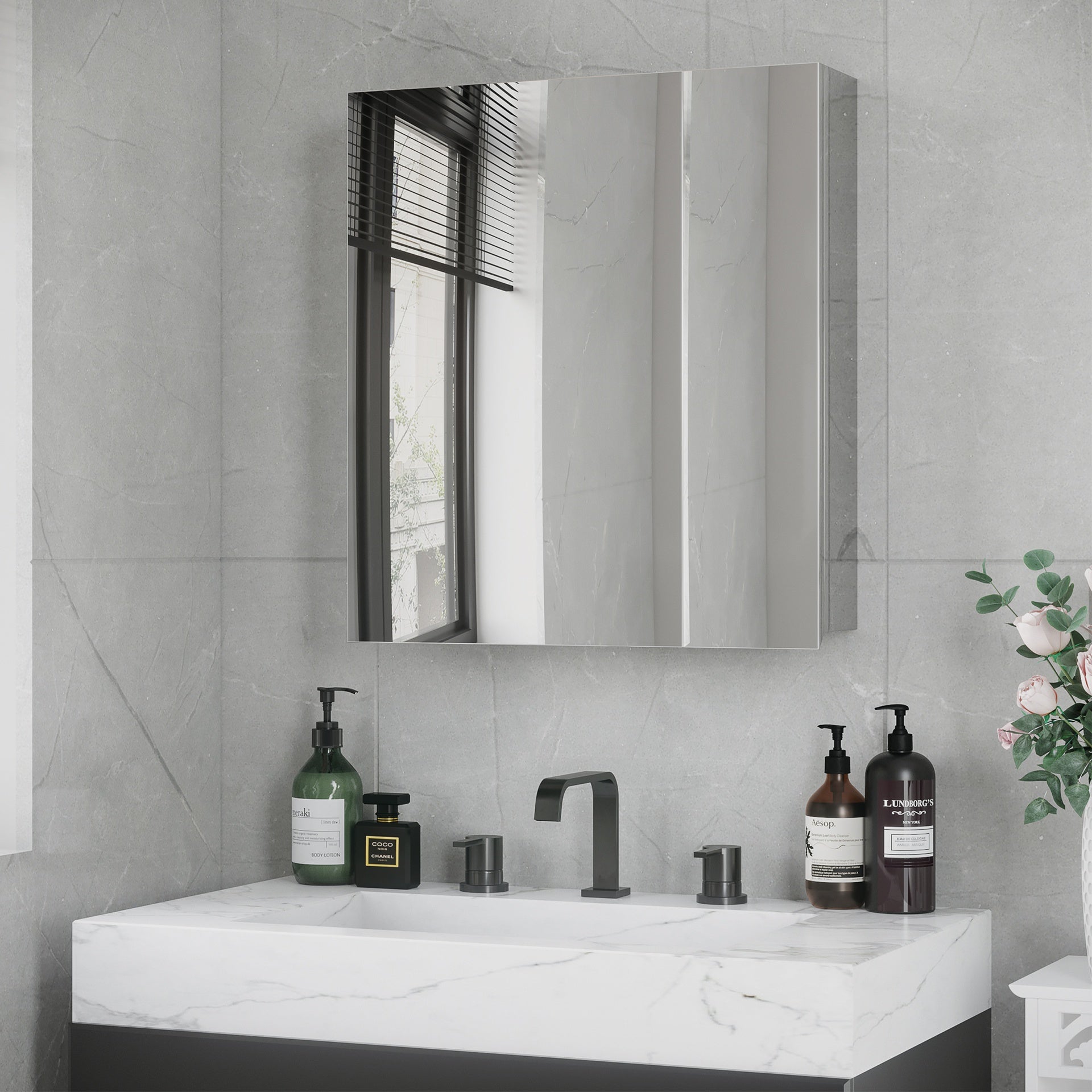 kleankin Wall Mounted Bathroom Medicine Cabinet with Hinged Door Storage Shelves for Living Room and Laundry Room Silver