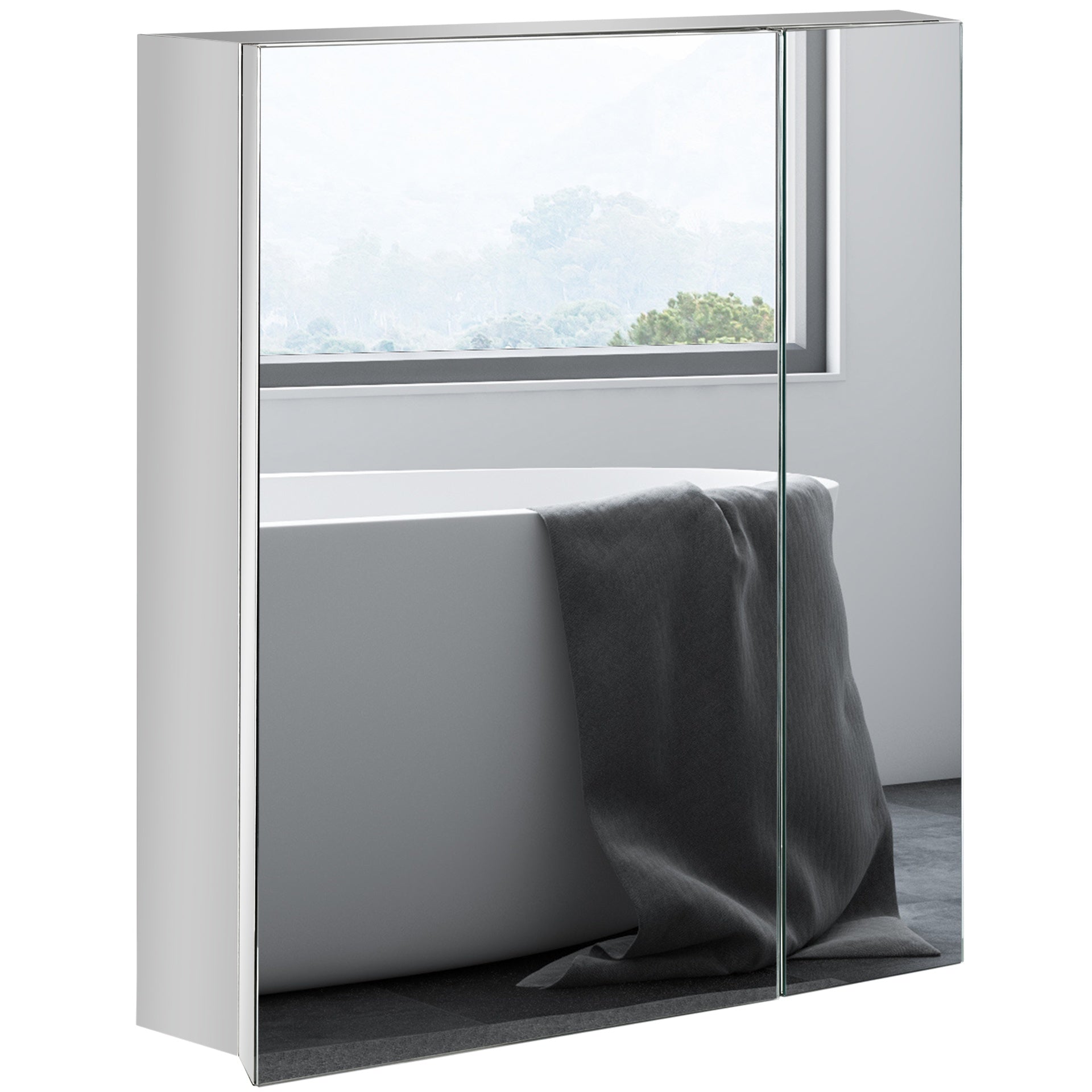 kleankin Wall Mounted Bathroom Medicine Cabinet with Hinged Door Storage Shelves for Living Room and Laundry Room Silver