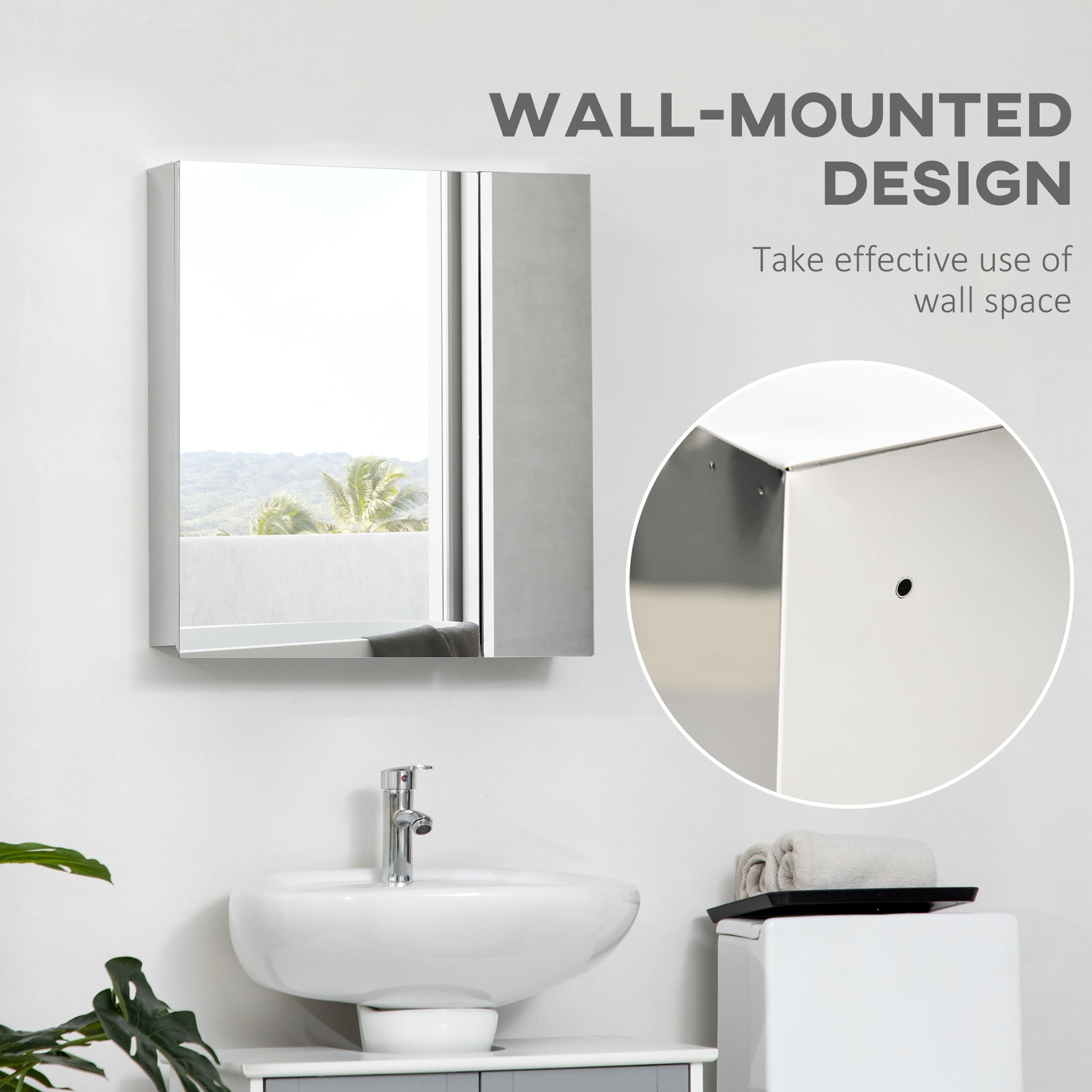 kleankin Wall Mounted Bathroom Medicine Cabinet with Hinged Door Storage Shelves for Living Room and Laundry Room Silver