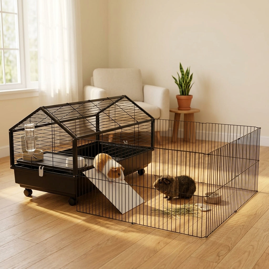 PawHut Small Animal Playpen Cage with Rolling Caster, Water Bottle 46.5"