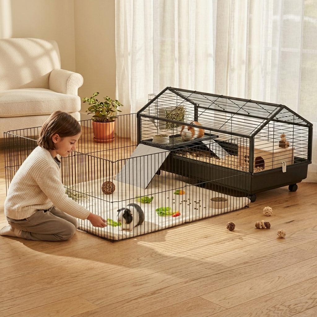 PawHut Small Animal Playpen Cage with Rolling Caster, Water Bottle 46.5"