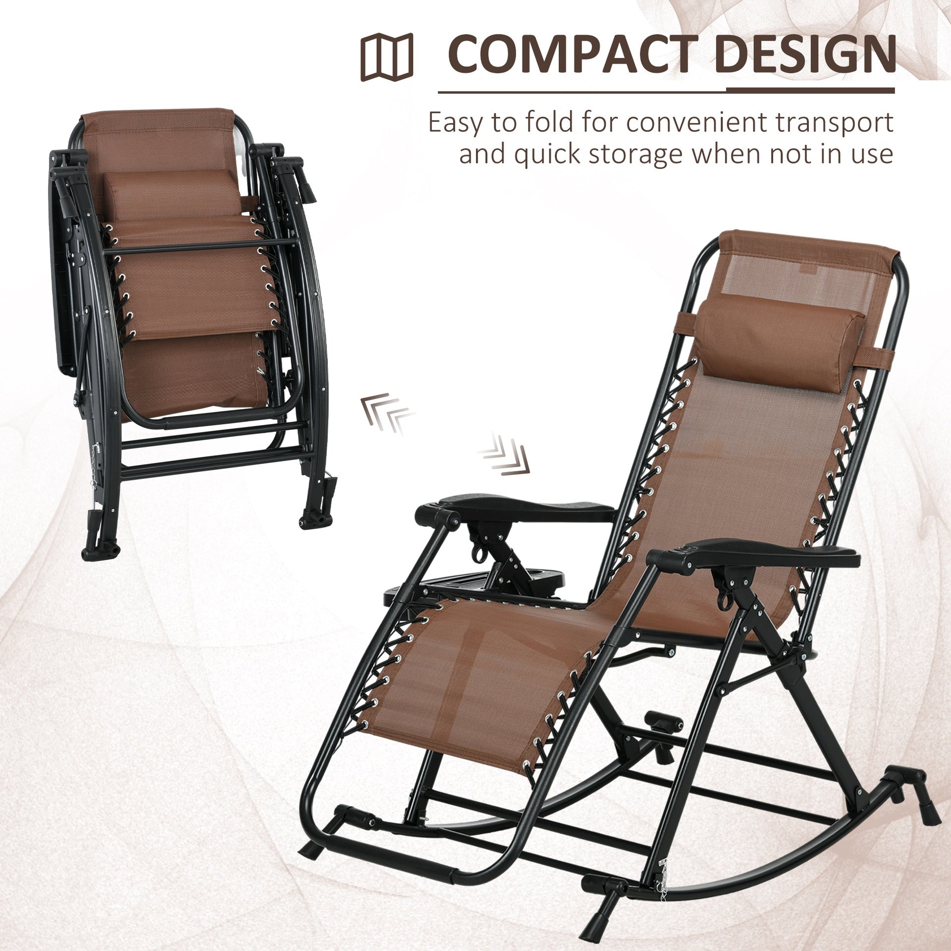 Outsunny 2 Outdoor Rocking Chairs Foldable Reclining Zero Gravity Lounge Rockers w/ Pillow Cup & Phone Holder, Brown