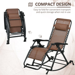 Outsunny 2 Outdoor Rocking Chairs Foldable Reclining Zero Gravity Lounge Rockers w/ Pillow Cup & Phone Holder, Brown