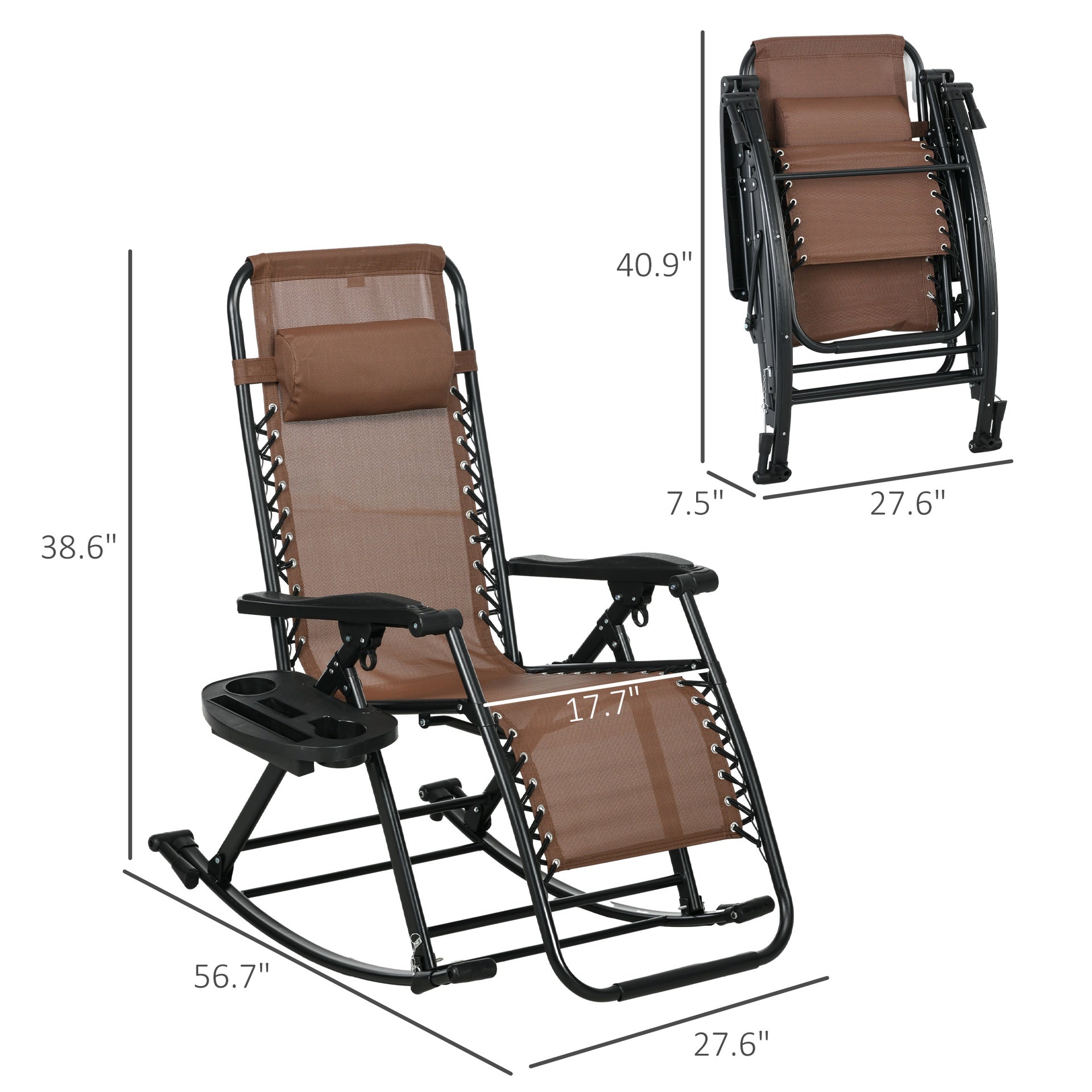 Outsunny 2 Outdoor Rocking Chairs Foldable Reclining Zero Gravity Lounge Rockers w/ Pillow Cup & Phone Holder, Brown
