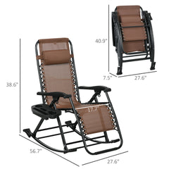 Outsunny 2 Outdoor Rocking Chairs Foldable Reclining Zero Gravity Lounge Rockers w/ Pillow Cup & Phone Holder, Brown