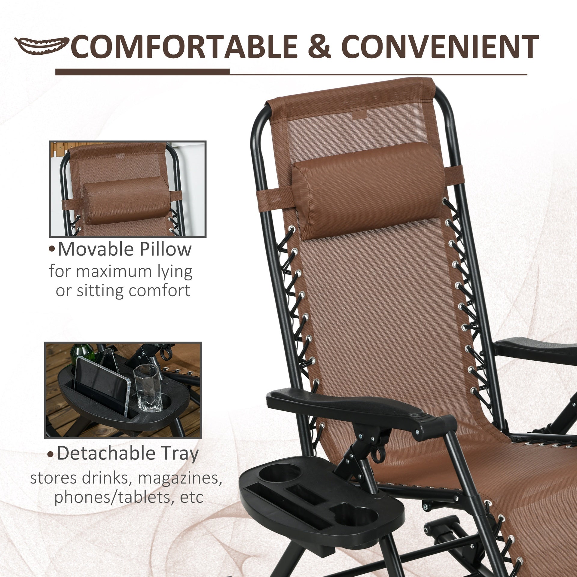 Outsunny 2 Outdoor Rocking Chairs Foldable Reclining Zero Gravity Lounge Rockers w/ Pillow Cup & Phone Holder, Brown