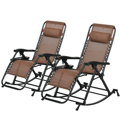 Outsunny 2 Outdoor Rocking Chairs Foldable Reclining Zero Gravity Lounge Rockers w/ Pillow Cup & Phone Holder, Brown