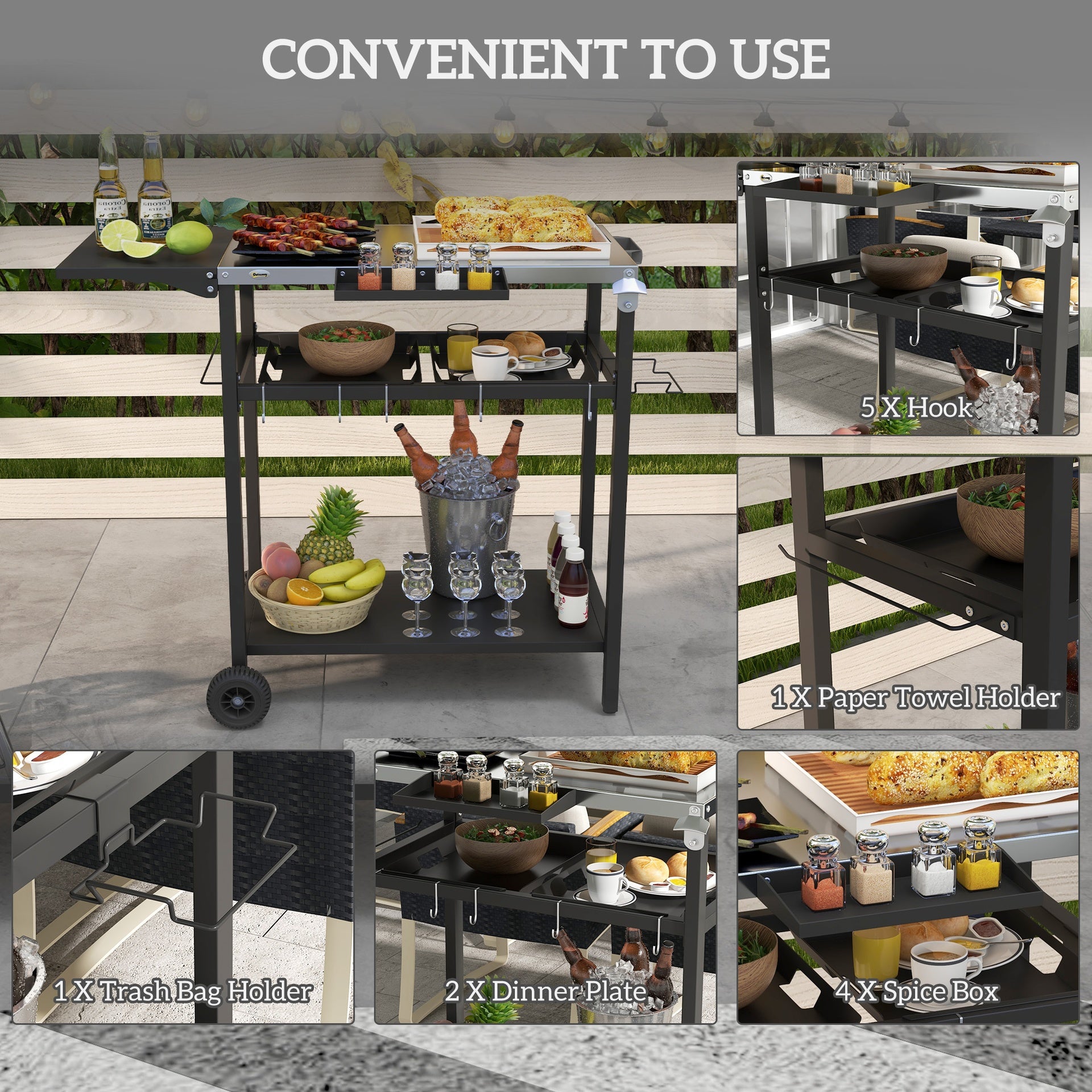 Outsunny 2-Tier Shelf Outdoor Bar Cart, Stainless Steel Tabletop Patio Serving Cart with Accessories for Poolside, Garden, Black