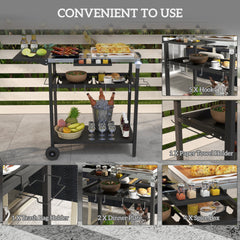 Outsunny 2-Tier Shelf Outdoor Bar Cart, Stainless Steel Tabletop Patio Serving Cart with Accessories for Poolside, Garden, Black
