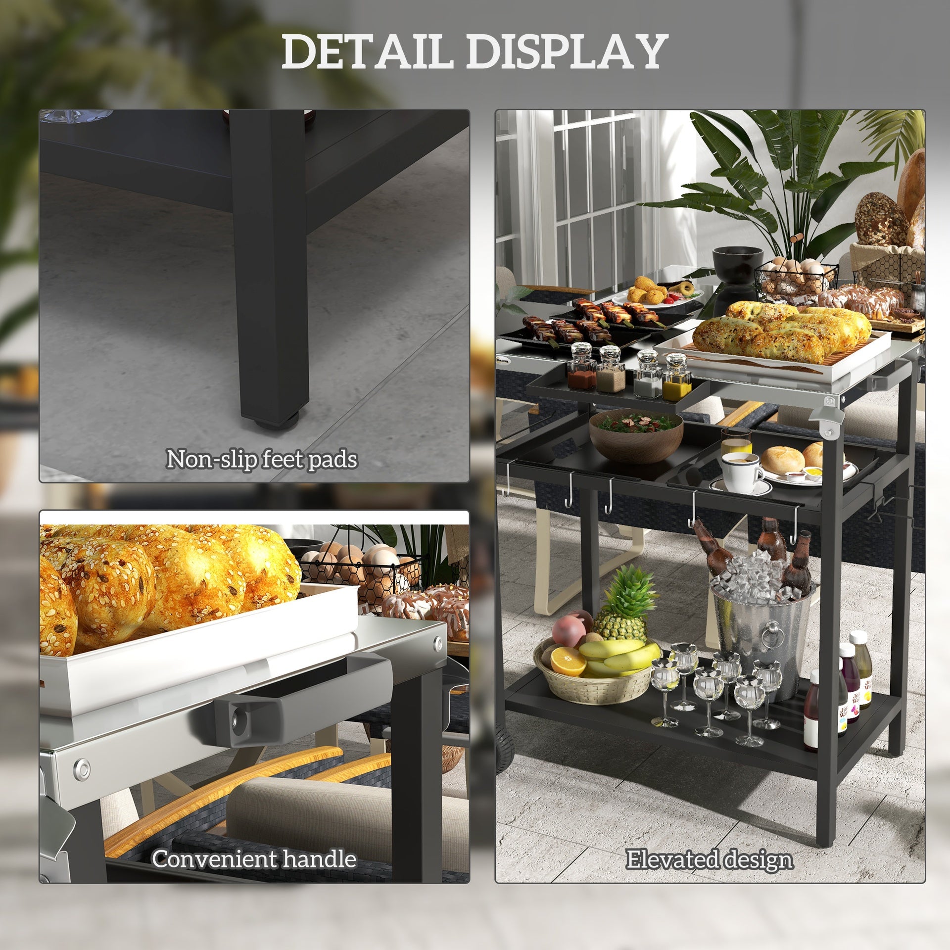 Outsunny 2-Tier Shelf Outdoor Bar Cart, Stainless Steel Tabletop Patio Serving Cart with Accessories for Poolside, Garden, Black