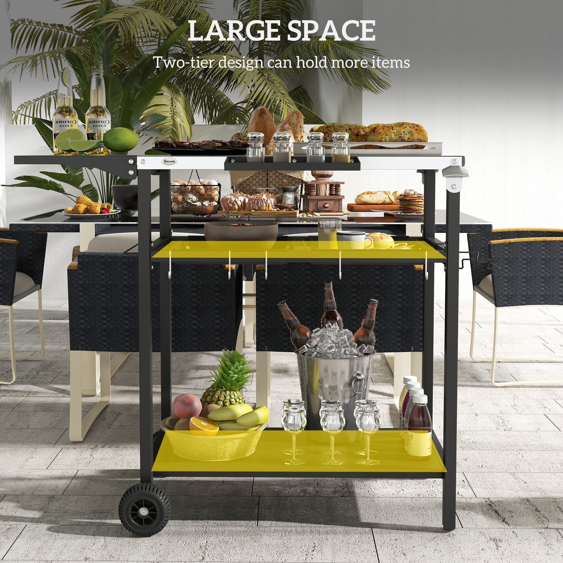 Outsunny 2-Tier Shelf Outdoor Bar Cart, Stainless Steel Tabletop Patio Serving Cart with Accessories for Poolside, Garden, Black