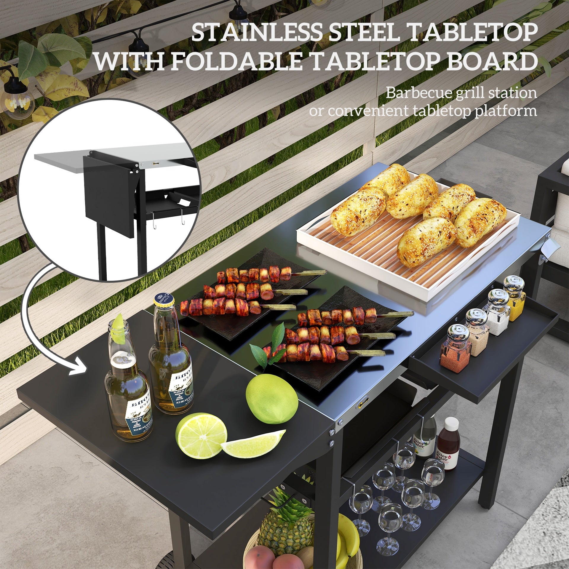 Outsunny 2-Tier Shelf Outdoor Bar Cart, Stainless Steel Tabletop Patio Serving Cart with Accessories for Poolside, Garden, Black