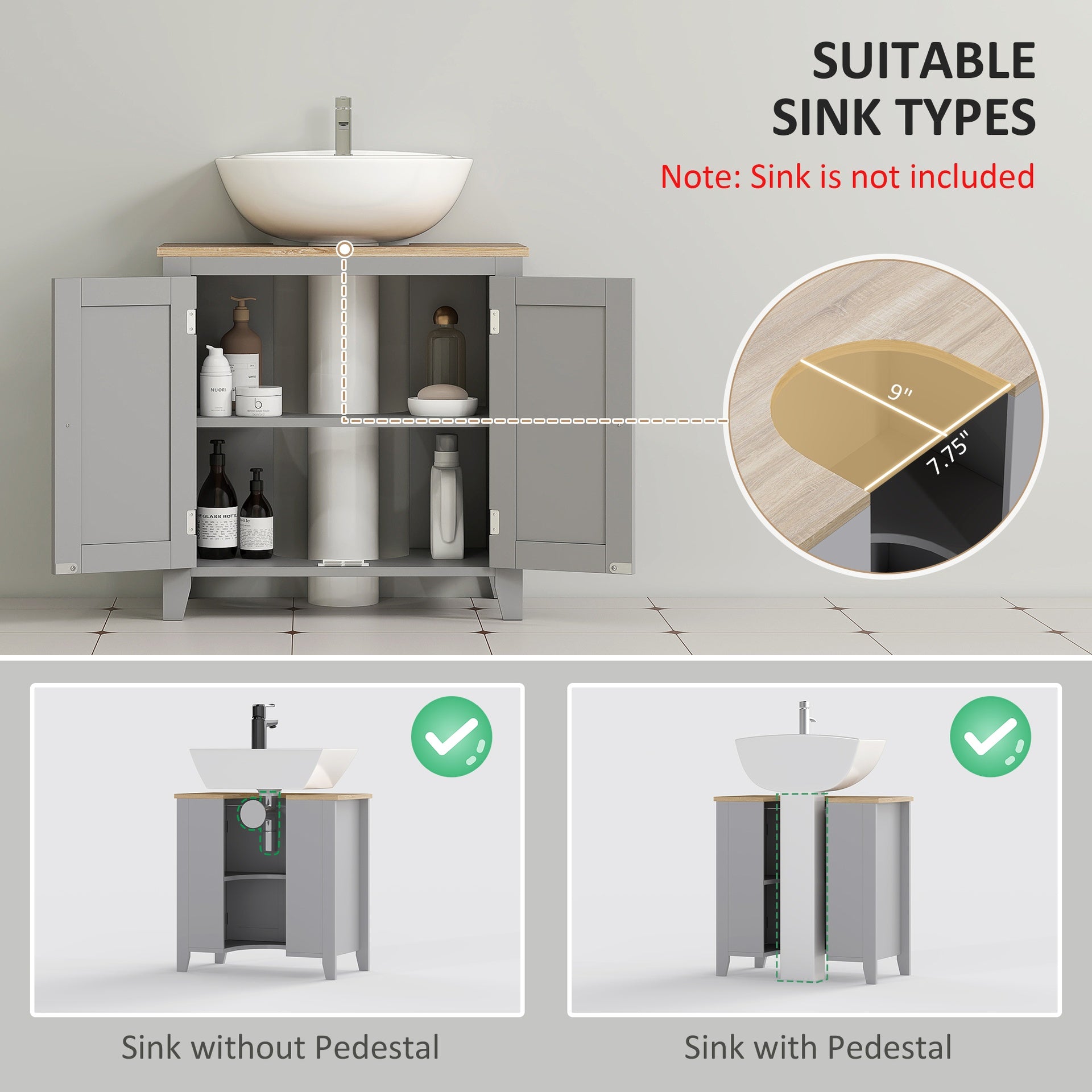 kleankin Bathroom Vanities, Pedestal Sink Cabinet with U-Shaped Cut-out and Adjustable Shelf, Gray
