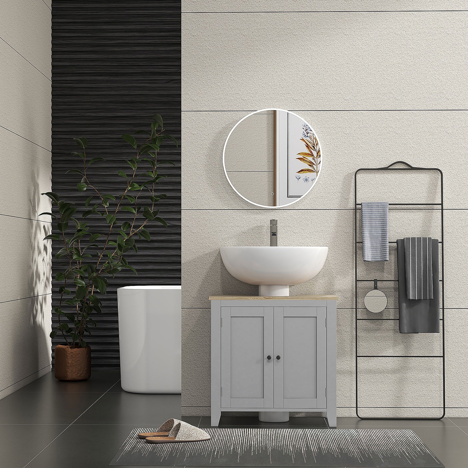 kleankin Bathroom Vanities, Pedestal Sink Cabinet with U-Shaped Cut-out and Adjustable Shelf, Gray