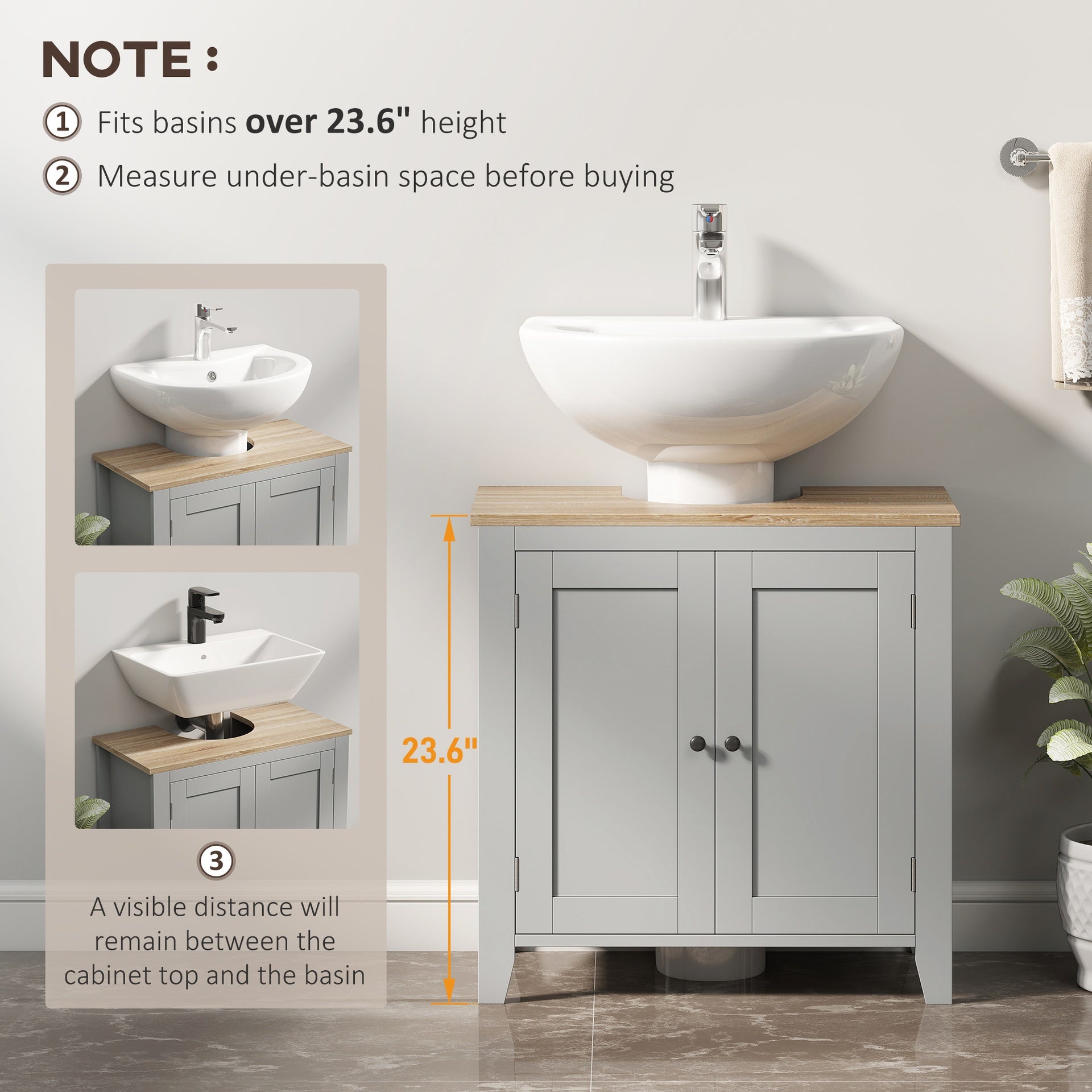 kleankin Bathroom Vanities, Pedestal Sink Cabinet with U-Shaped Cut-out and Adjustable Shelf, Gray