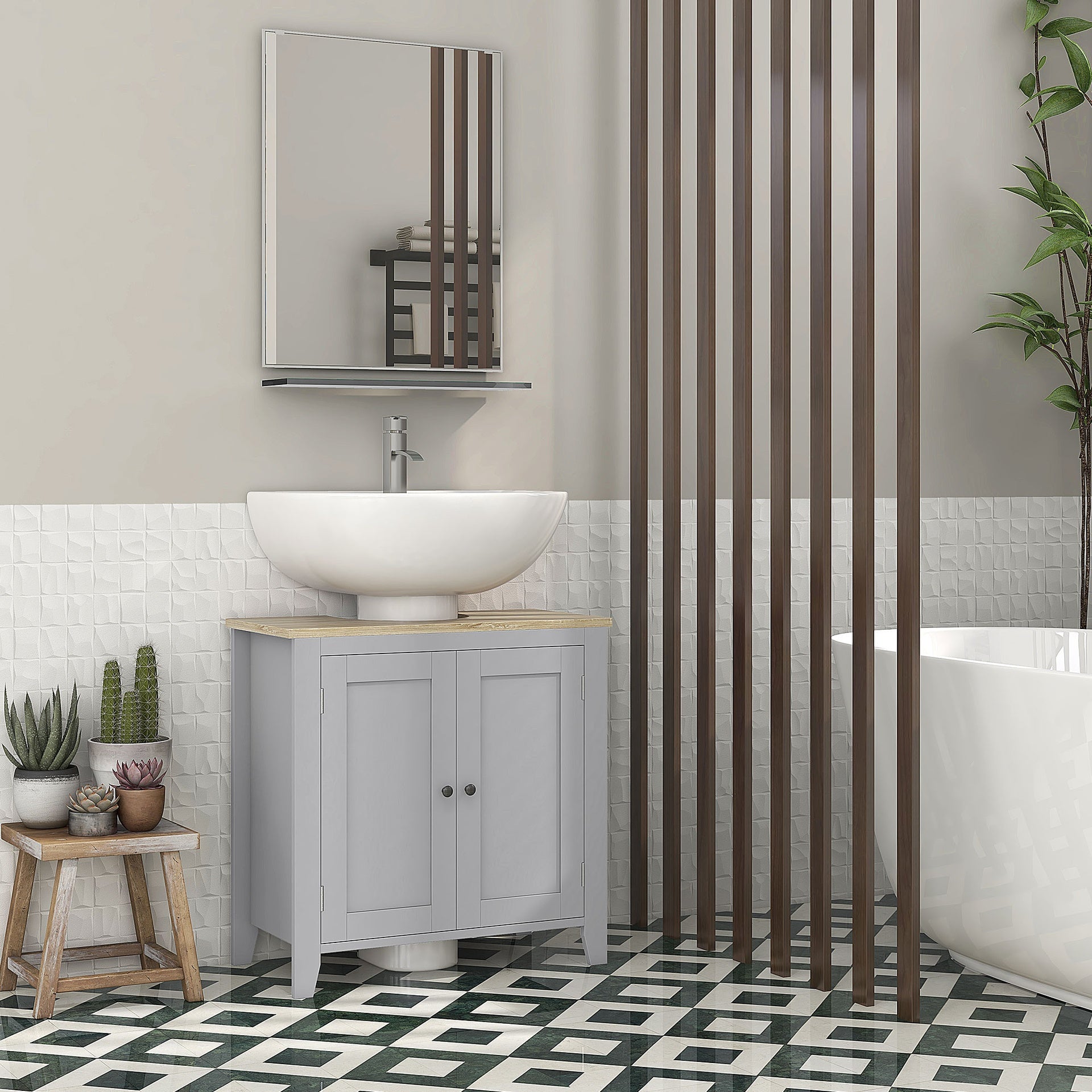 kleankin Bathroom Vanities, Pedestal Sink Cabinet with U-Shaped Cut-out and Adjustable Shelf, Gray