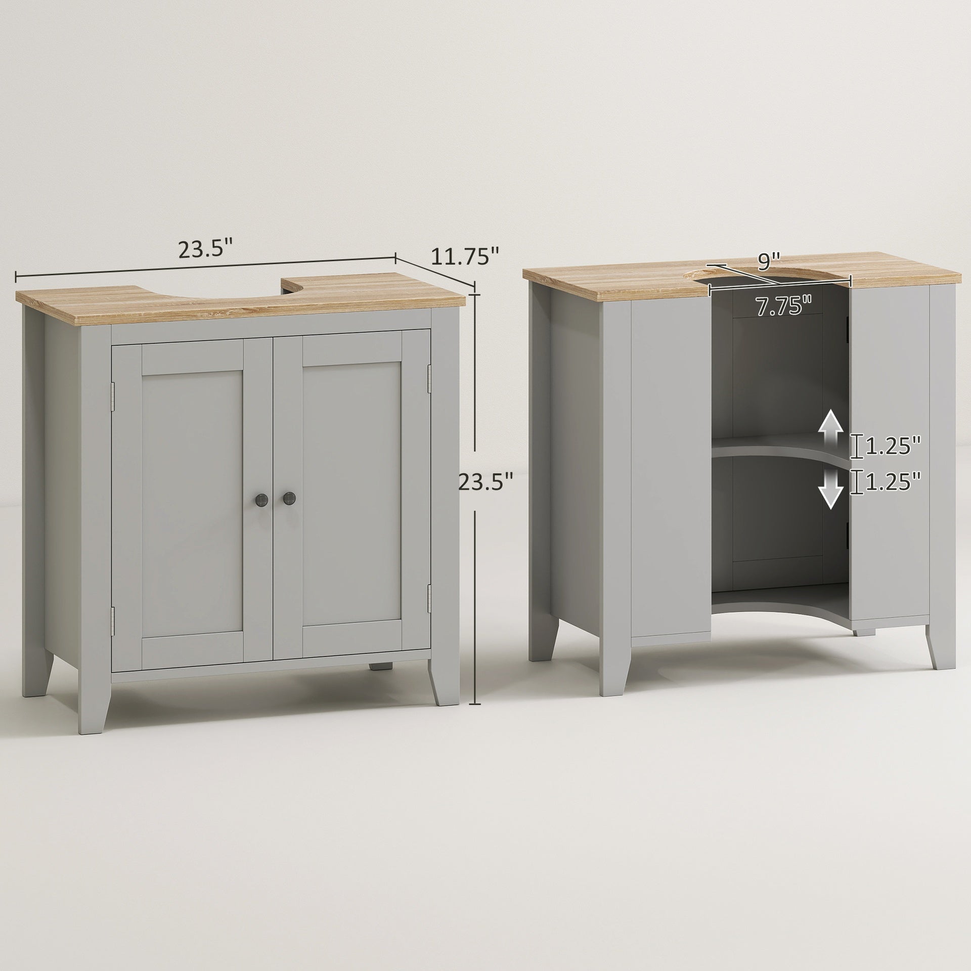 kleankin Bathroom Vanities, Pedestal Sink Cabinet with U-Shaped Cut-out and Adjustable Shelf, Gray