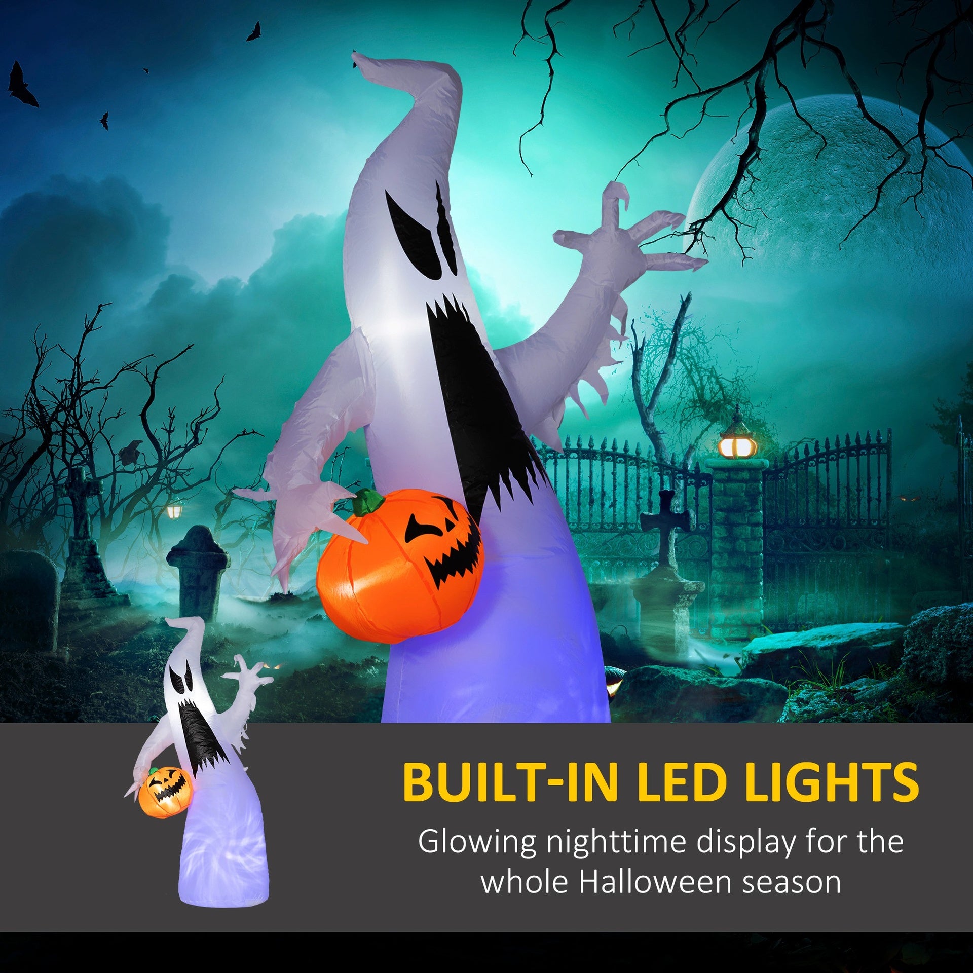 HOMCOM 5.9' Halloween LED Yard Decor Ghost with Pumpkin, Blow Up Inflatable Outdoor Decoration, Waterproof