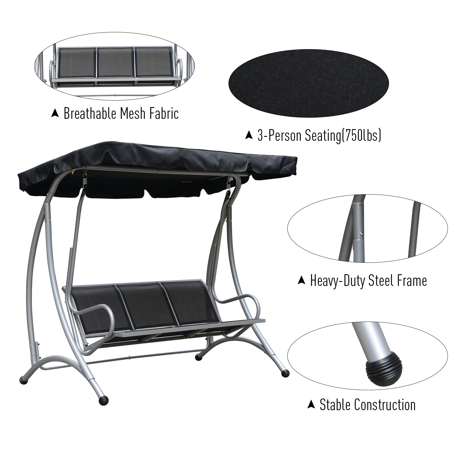 Outsunny 3-Seat Outdoor Porch Swing Chair, Patio Swing Glider with Adjustable Canopy, Breathable Seat, and Steel Frame for Garden, Poolside, Backyard, Black