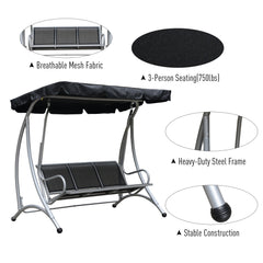 Outsunny 3-Seat Outdoor Porch Swing Chair, Patio Swing Glider with Adjustable Canopy, Breathable Seat, and Steel Frame for Garden, Poolside, Backyard, Black