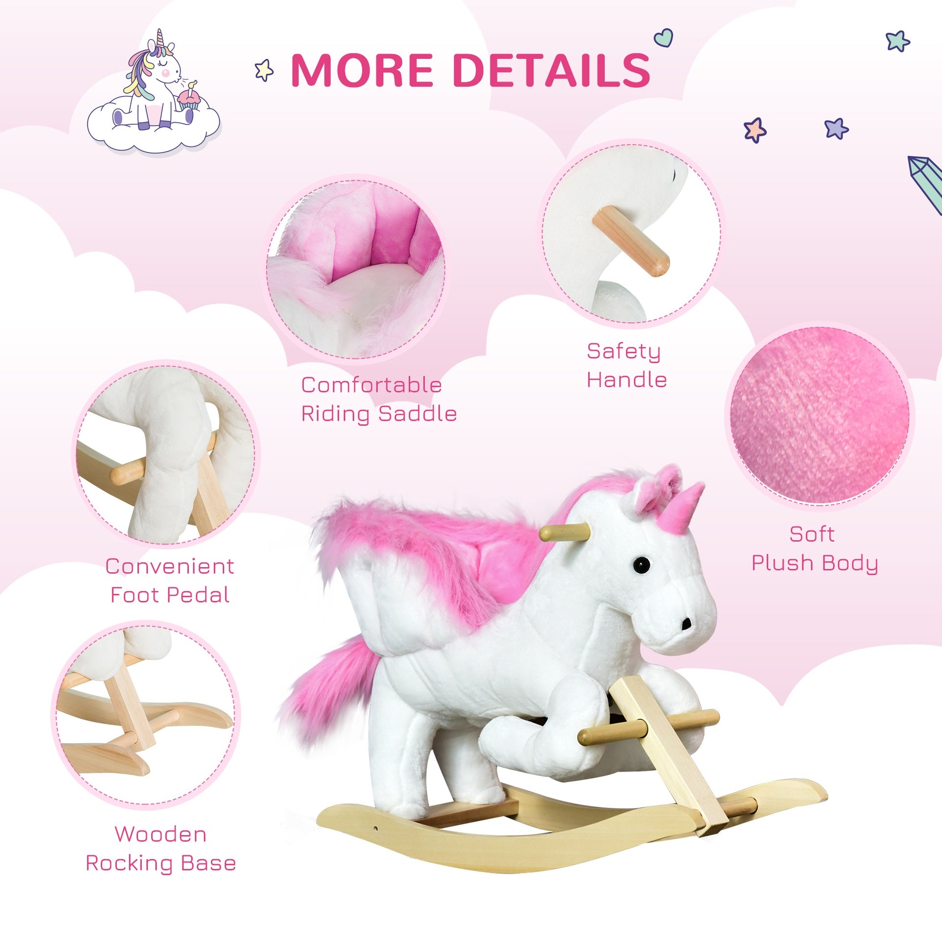 Qaba Unicorn Baby Rocking Horse Toy for Kids with Lullaby Song, Plush Ride on Horse with Heavy-Duty Support System, Pretend Play Interactive Toy for Toddlers 18-36 Months