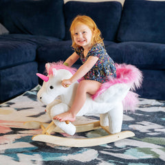 Qaba Unicorn Baby Rocking Horse Toy for Kids with Lullaby Song, Plush Ride on Horse with Heavy-Duty Support System, Pretend Play Interactive Toy for Toddlers 18-36 Months