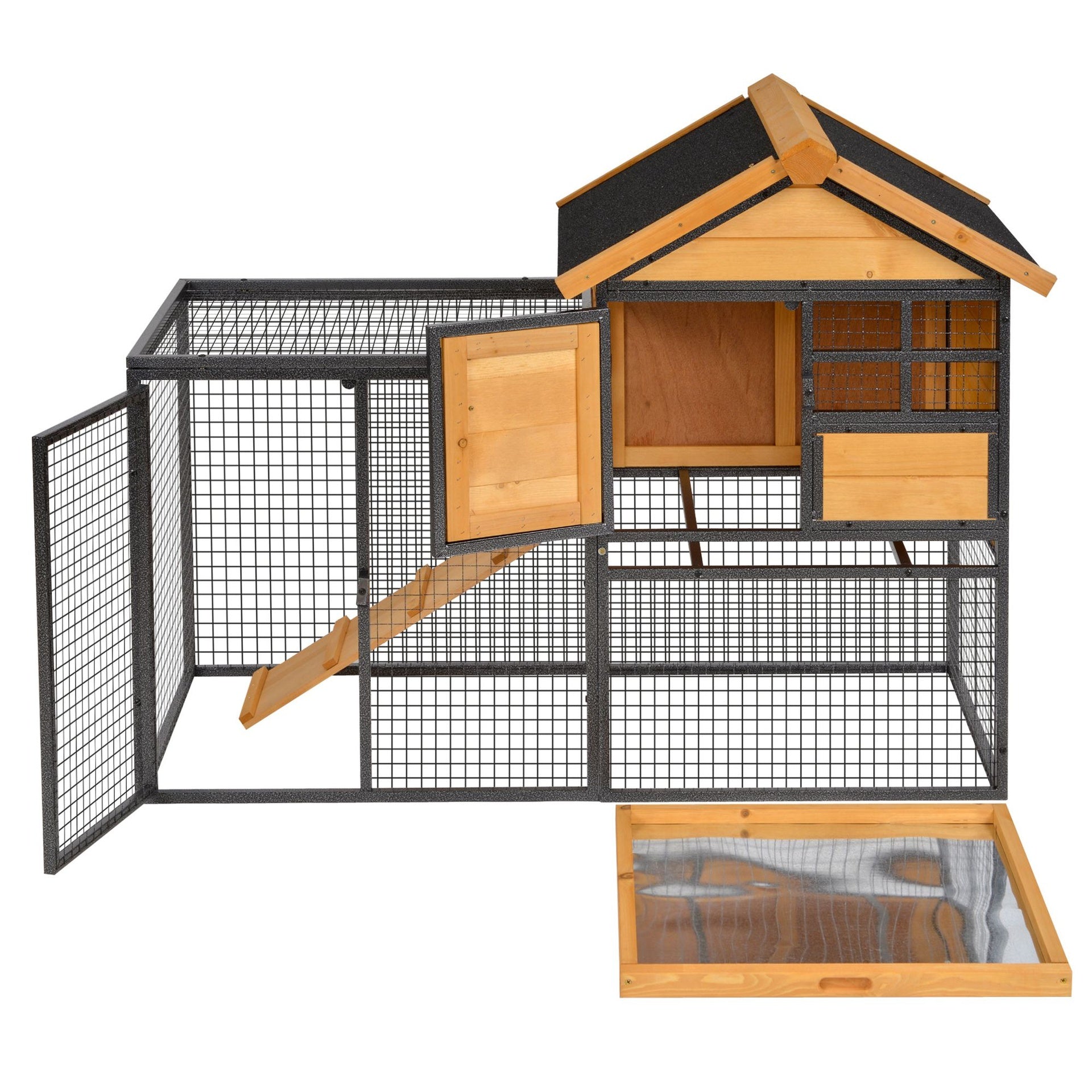 PawHut Outdoor Rabbit Cage Elevated Pet House w/ Slide-Out Tray, Natural Wood & Black