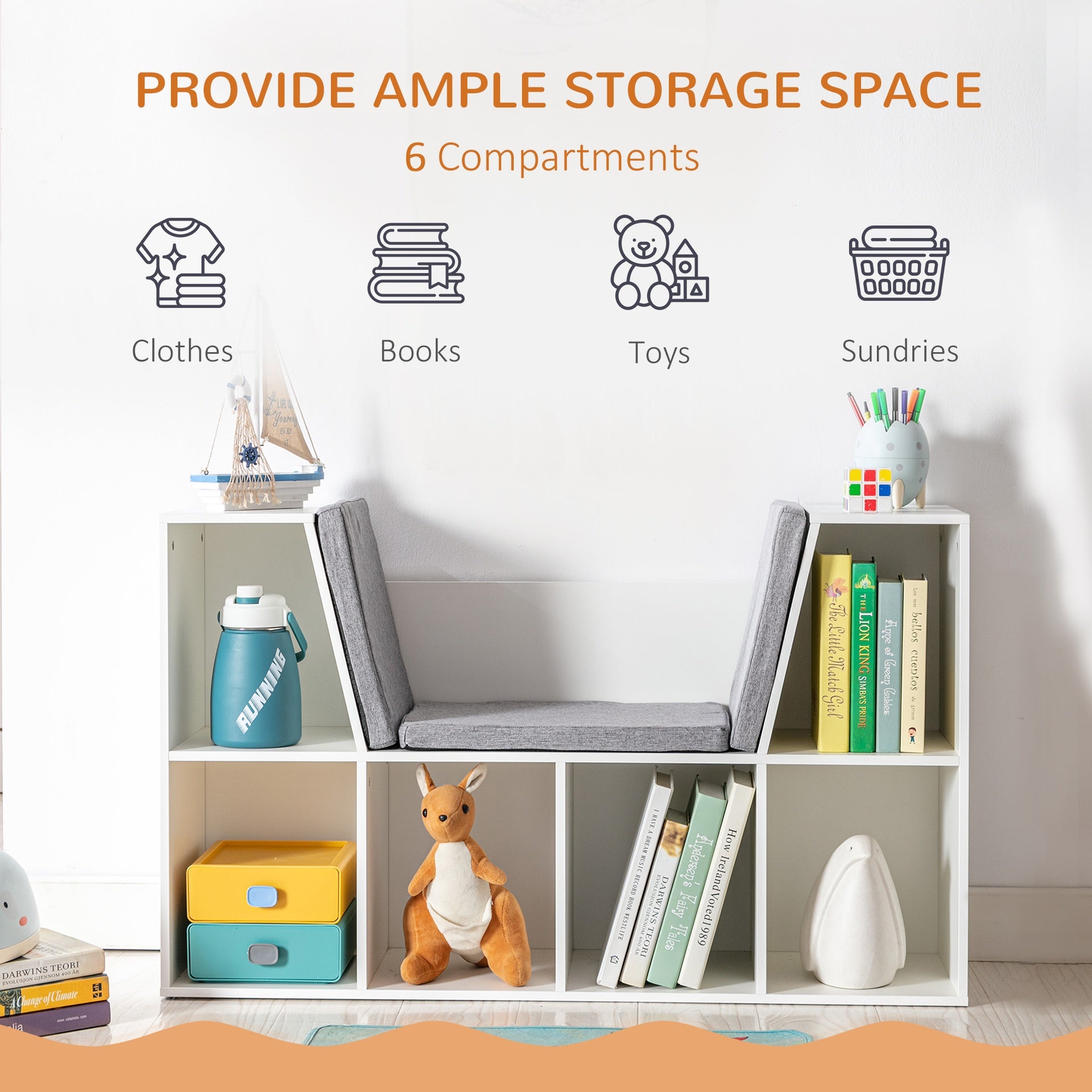 HOMCOM 6-Cubby Kids Bookcase with Reading Nook and Cushion, Multi-Purpose Storage Organizer for Bedroom, Living Room, Pure White