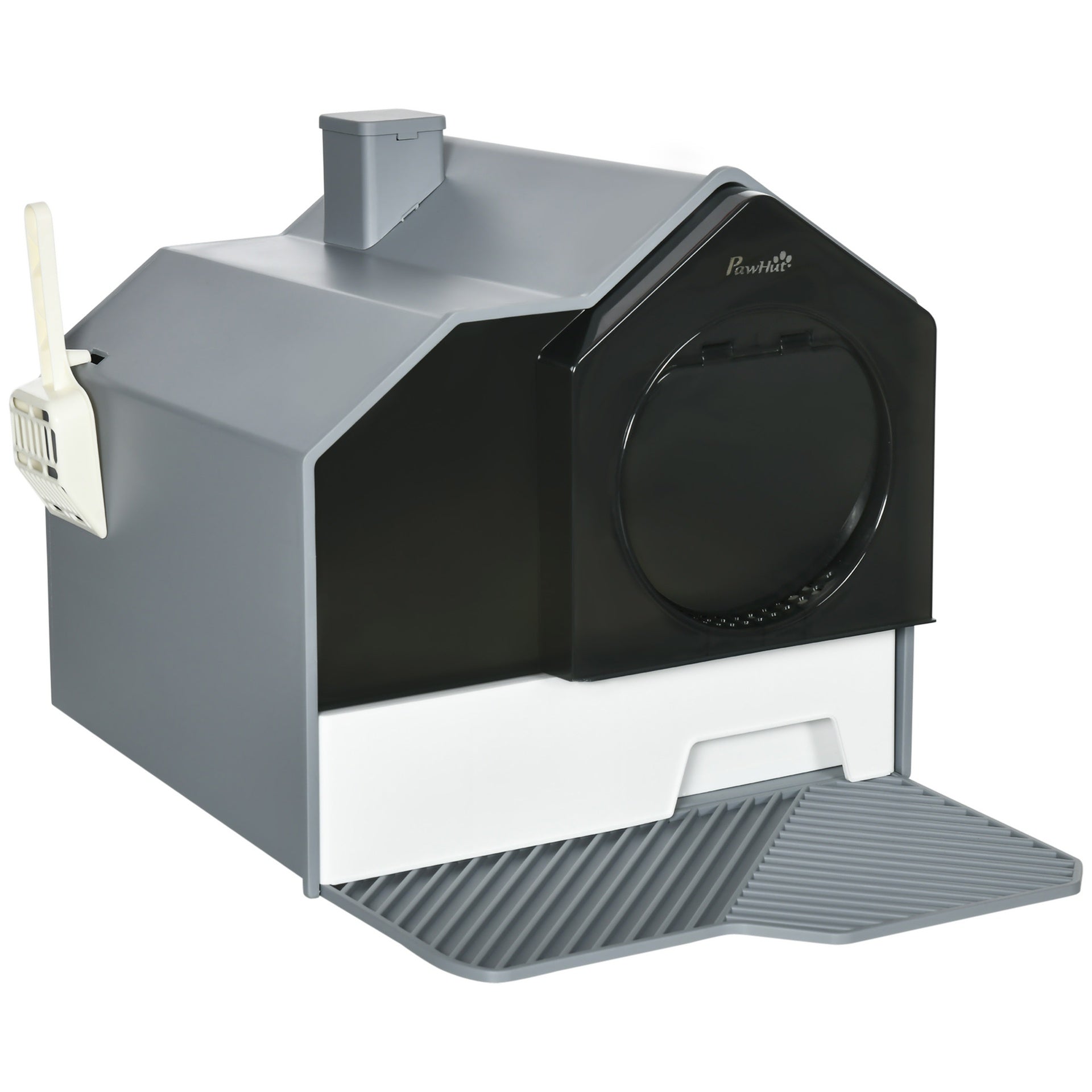 PawHut Hooded Cat Litter Box w/ Litter Mat, Litter Particle Catching, Gray