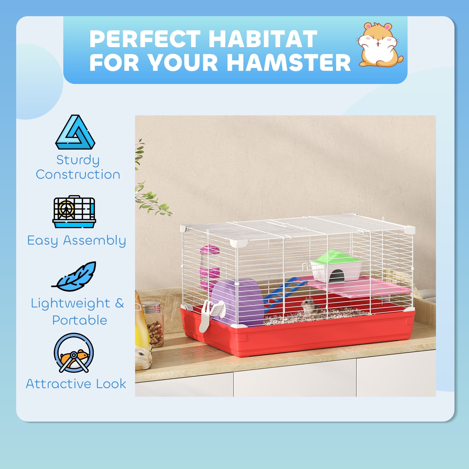 PawHut 18.5" Hamster Cage with Exercise Wheel and Water Bottle, Dish, Rat House and Habitat 2-Story Design, Red