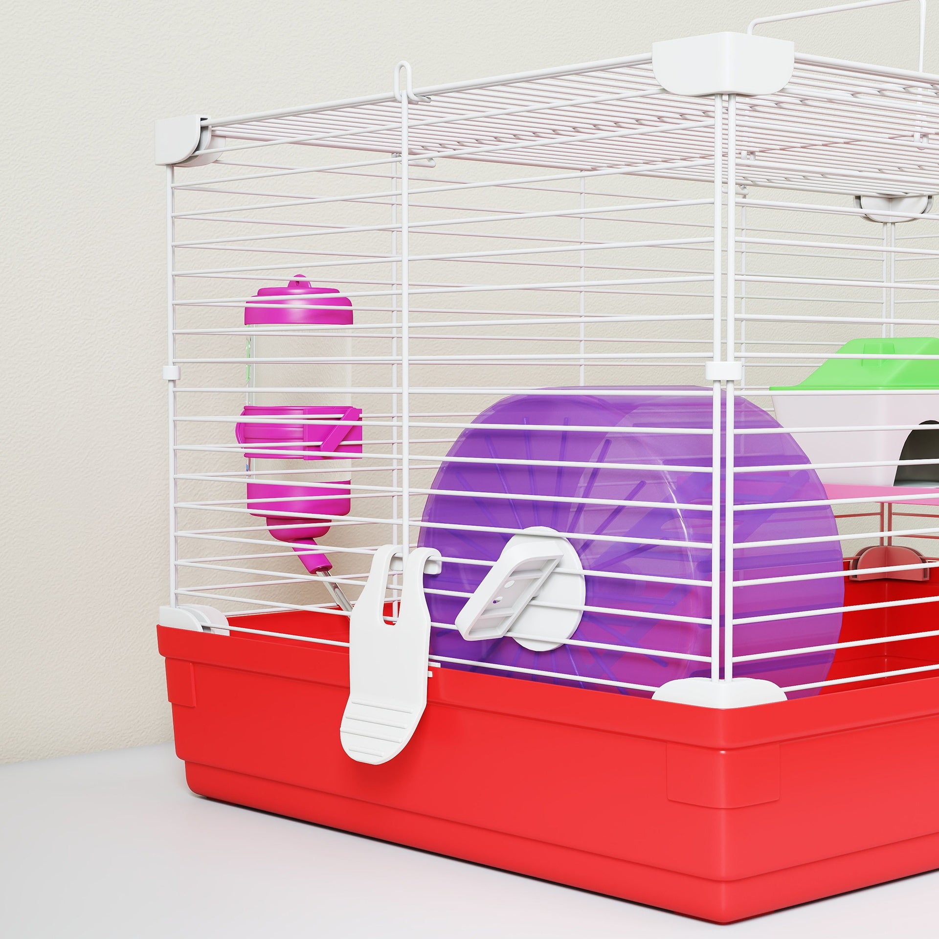 PawHut 18.5" Hamster Cage with Exercise Wheel and Water Bottle, Dish, Rat House and Habitat 2-Story Design, Red