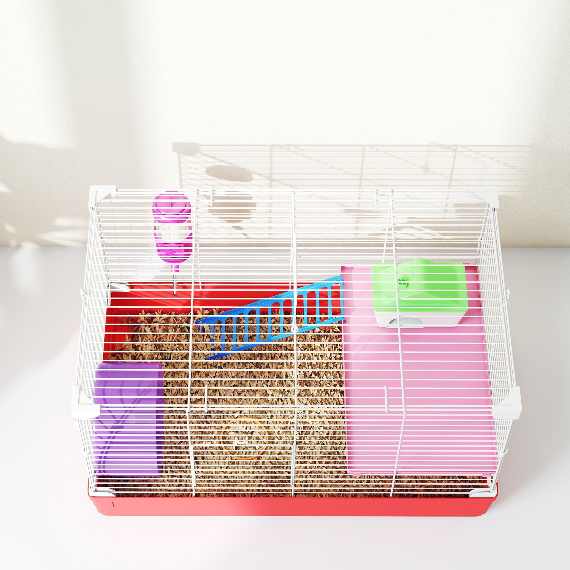 PawHut 18.5" Hamster Cage with Exercise Wheel and Water Bottle, Dish, Rat House and Habitat 2-Story Design, Red