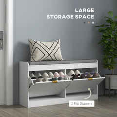 HOMCOM Narrow Storage Bench, Upholstered Entry Way Bench, Shoe Rack Bench with 2 Flip Drawers, 2 Vents for 8 Pairs of Shoes