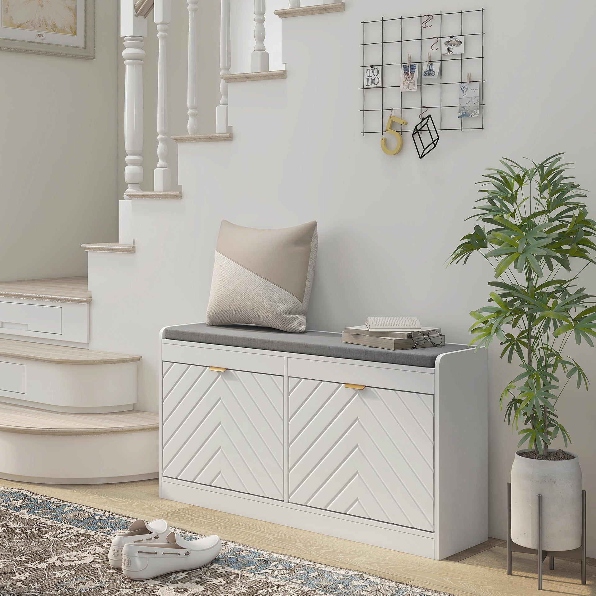HOMCOM Narrow Storage Bench, Upholstered Entry Way Bench, Shoe Rack Bench with 2 Flip Drawers, 2 Vents for 8 Pairs of Shoes