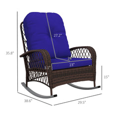 Outsunny Rattan Porch Rocker w/ Plush Cushion, Dark Blue