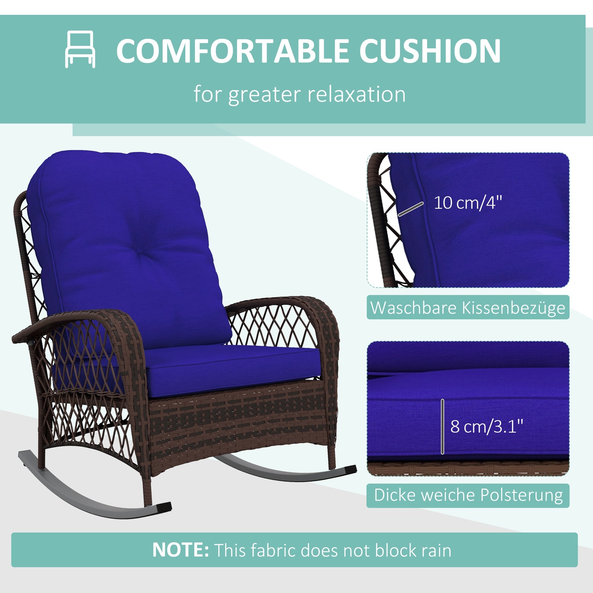 Outsunny Rattan Porch Rocker w/ Plush Cushion, Dark Blue