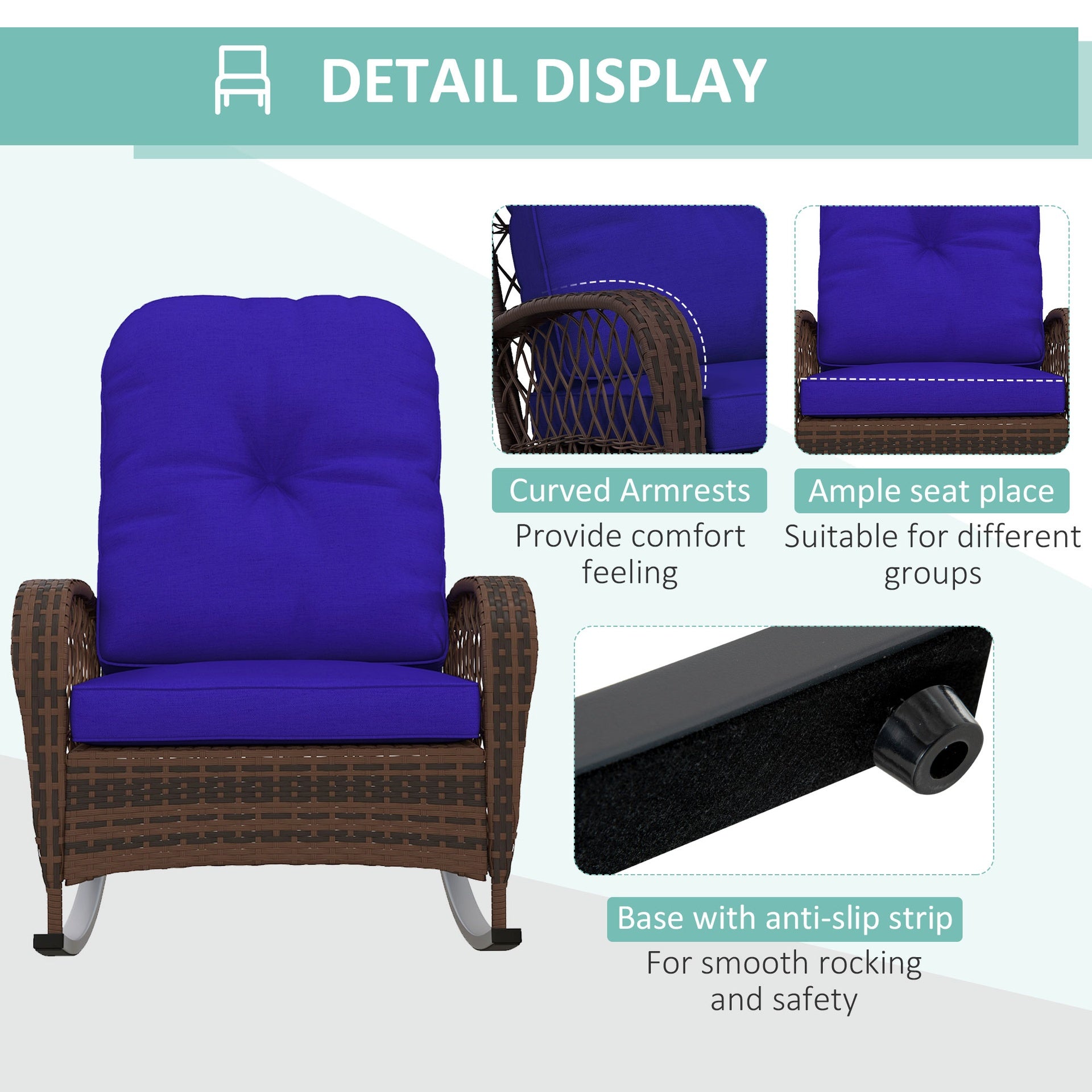Outsunny Rattan Porch Rocker w/ Plush Cushion, Dark Blue