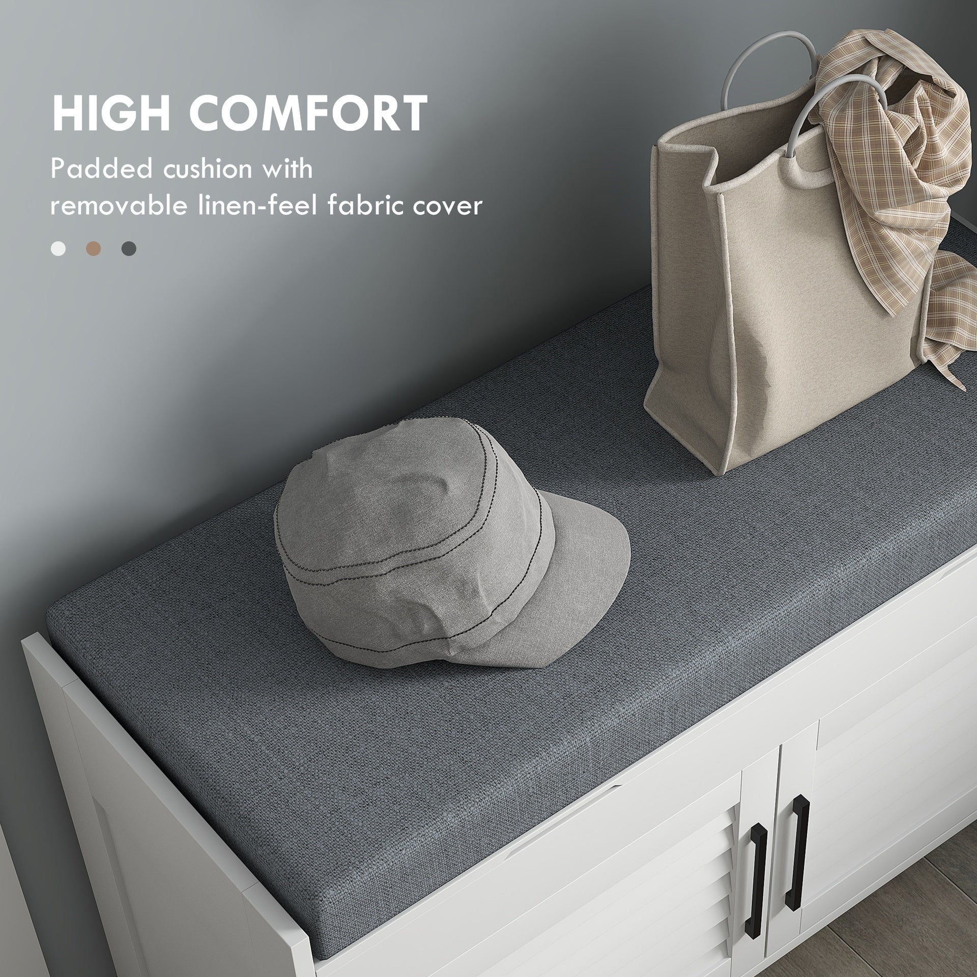 HOMCOM Shoe Storage Bench, Modern Entryway Bench with Cushion, Hidden Compartments, Adjustable Shelves, Shutter Doors, White