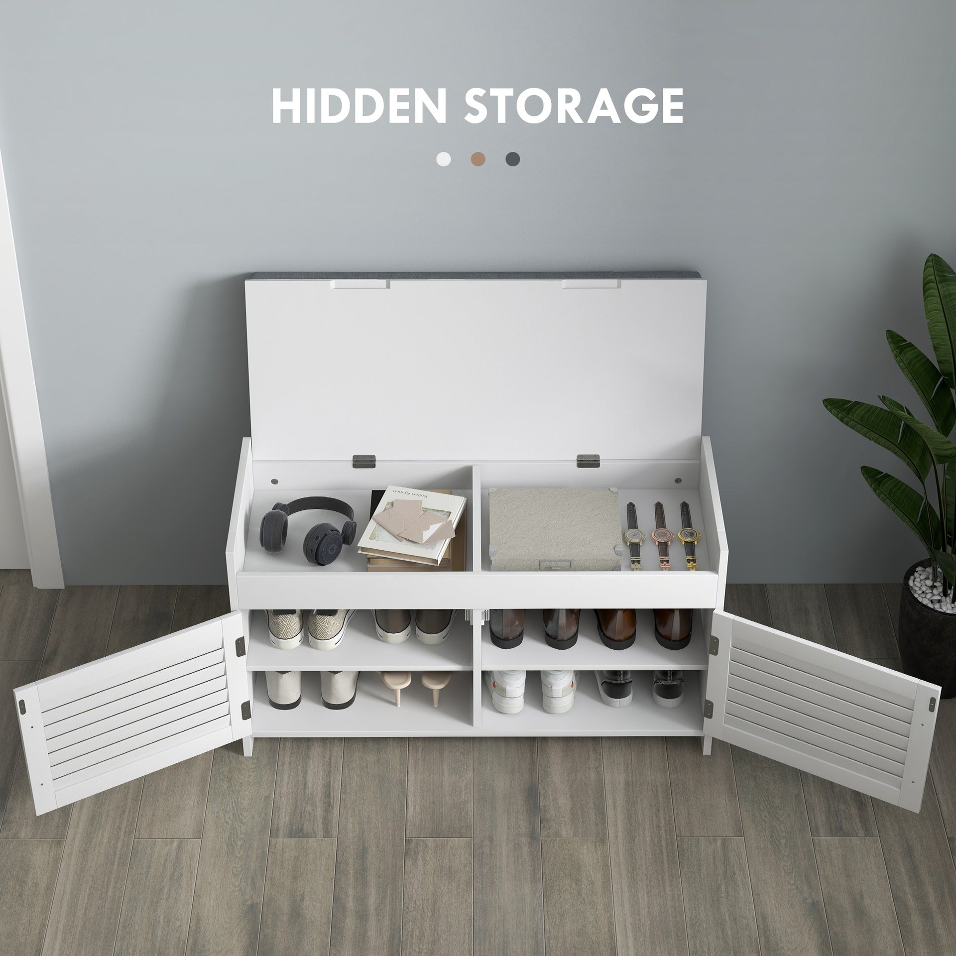 HOMCOM Shoe Storage Bench, Modern Entryway Bench with Cushion, Hidden Compartments, Adjustable Shelves, Shutter Doors, White