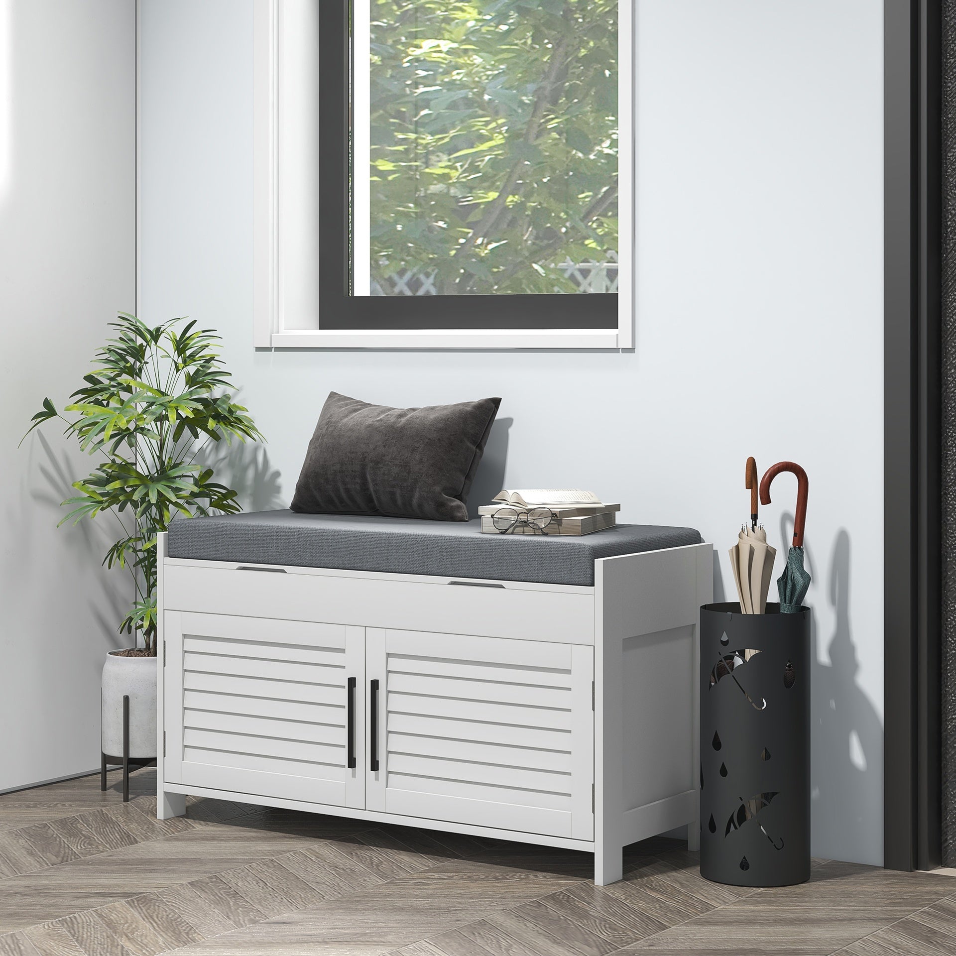 HOMCOM Shoe Storage Bench, Modern Entryway Bench with Cushion, Hidden Compartments, Adjustable Shelves, Shutter Doors, White