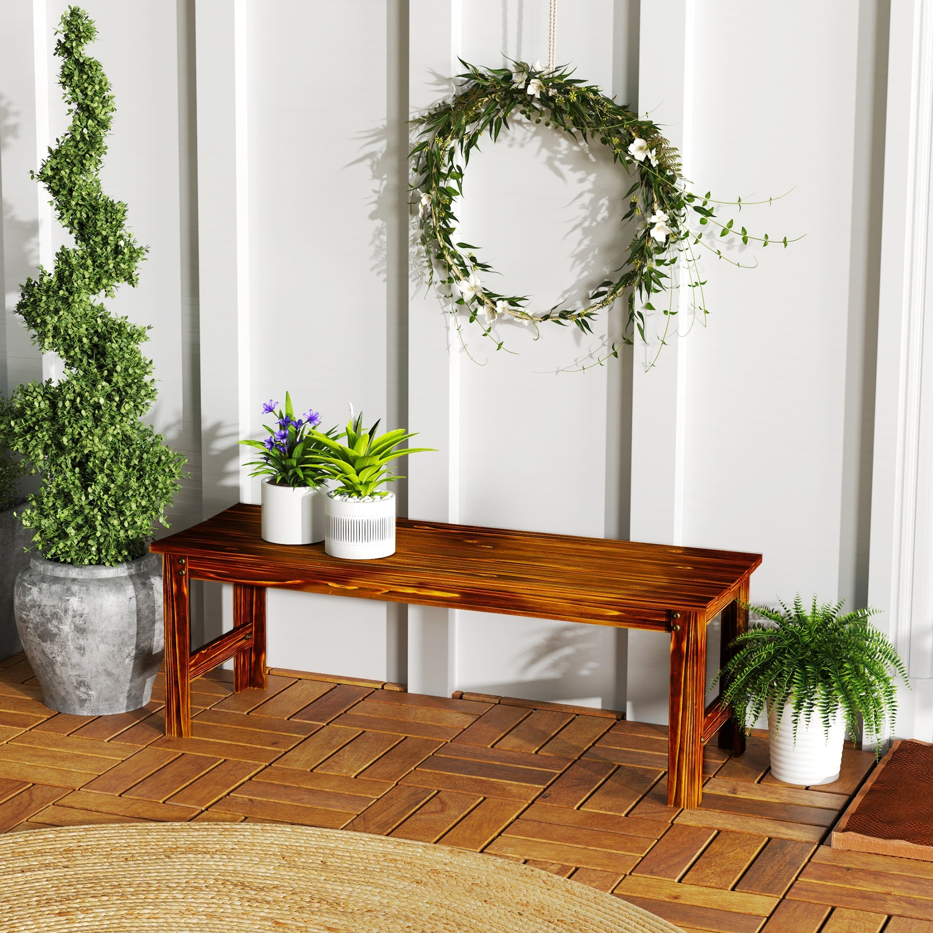 Outsunny 2-Seat Wood Garden Bench, Patio Bench Outdoor Bench with Slatted Seat, Backless Front Porch Bench for Park, Garden, Poolside, Deck, Carbonized