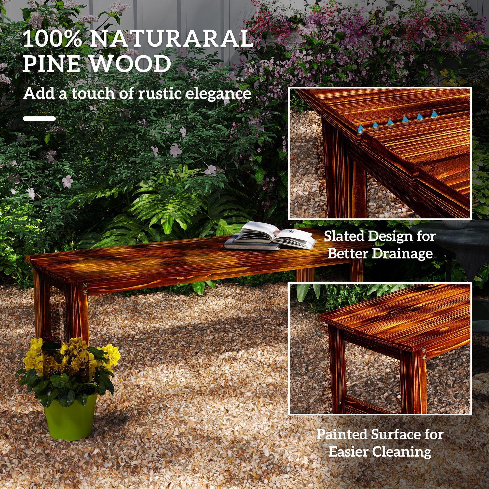 Outsunny 2-Seat Wood Garden Bench, Patio Bench Outdoor Bench with Slatted Seat, Backless Front Porch Bench for Park, Garden, Poolside, Deck, Carbonized