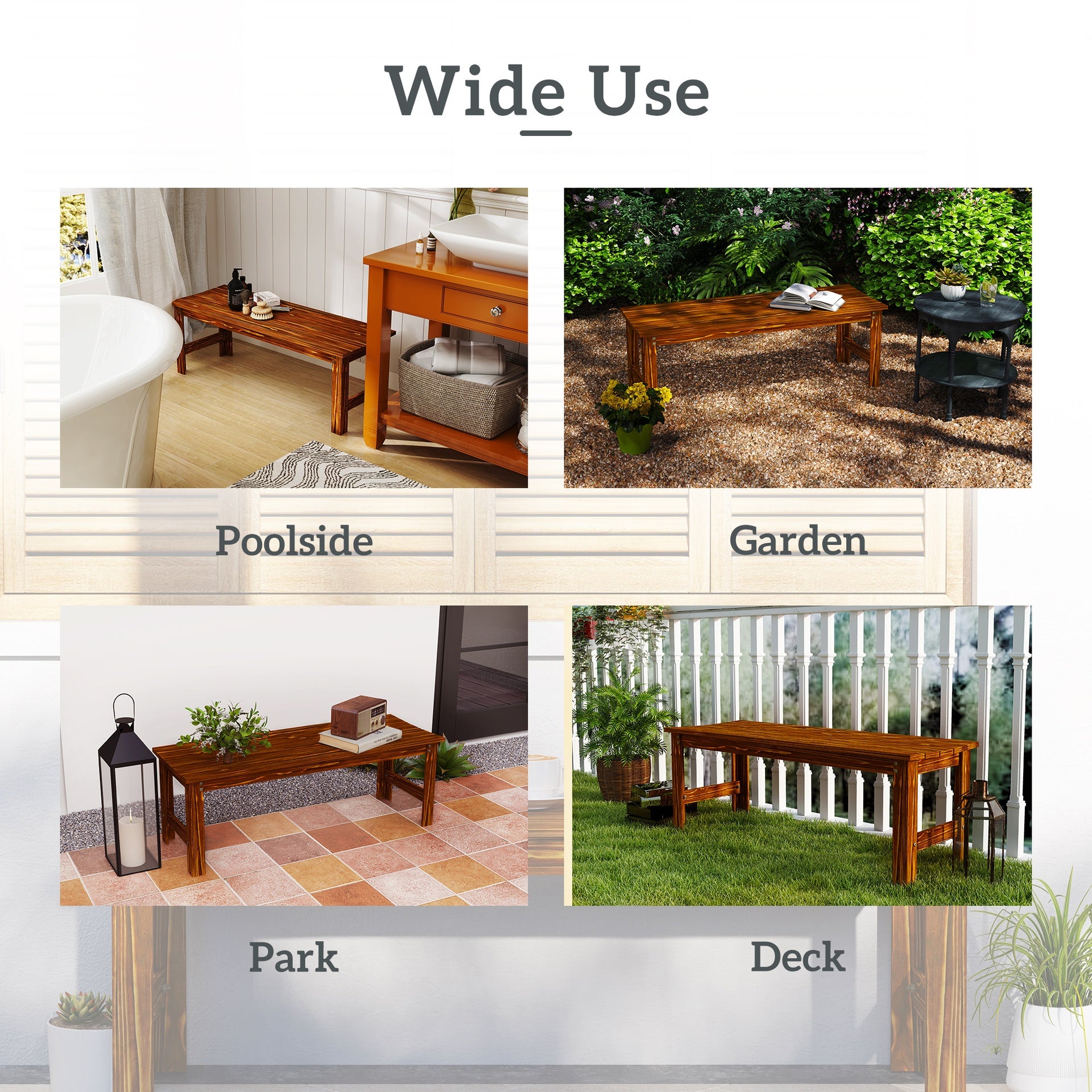 Outsunny 2-Seat Wood Garden Bench, Patio Bench Outdoor Bench with Slatted Seat, Backless Front Porch Bench for Park, Garden, Poolside, Deck, Carbonized