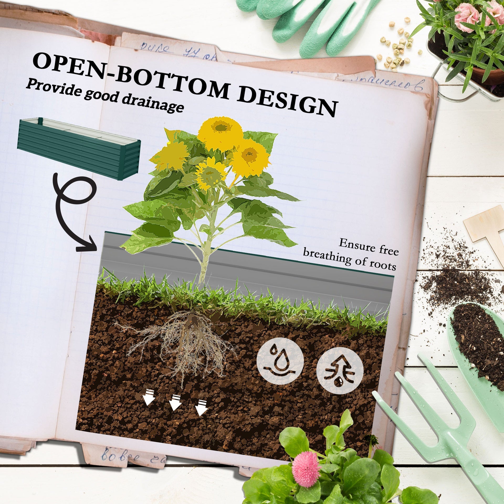 Outsunny 8x2x2ft Galvanized Raised Garden Bed Kit with Safety Edging for Flowers, Herbs and Vegetables, Green