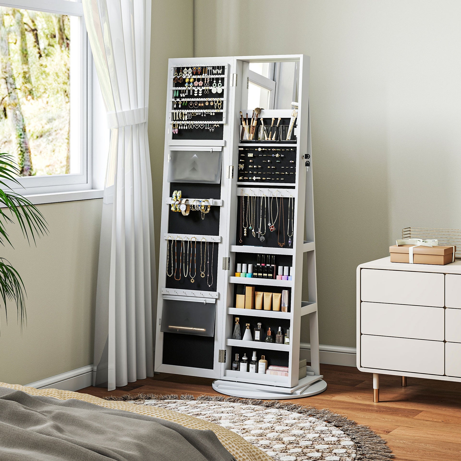 HOMCOM 360° Swivel Jewelry Armoire, Lockable Jewelry Cabinet with Full-Length Mirror, Storage Shelves, White