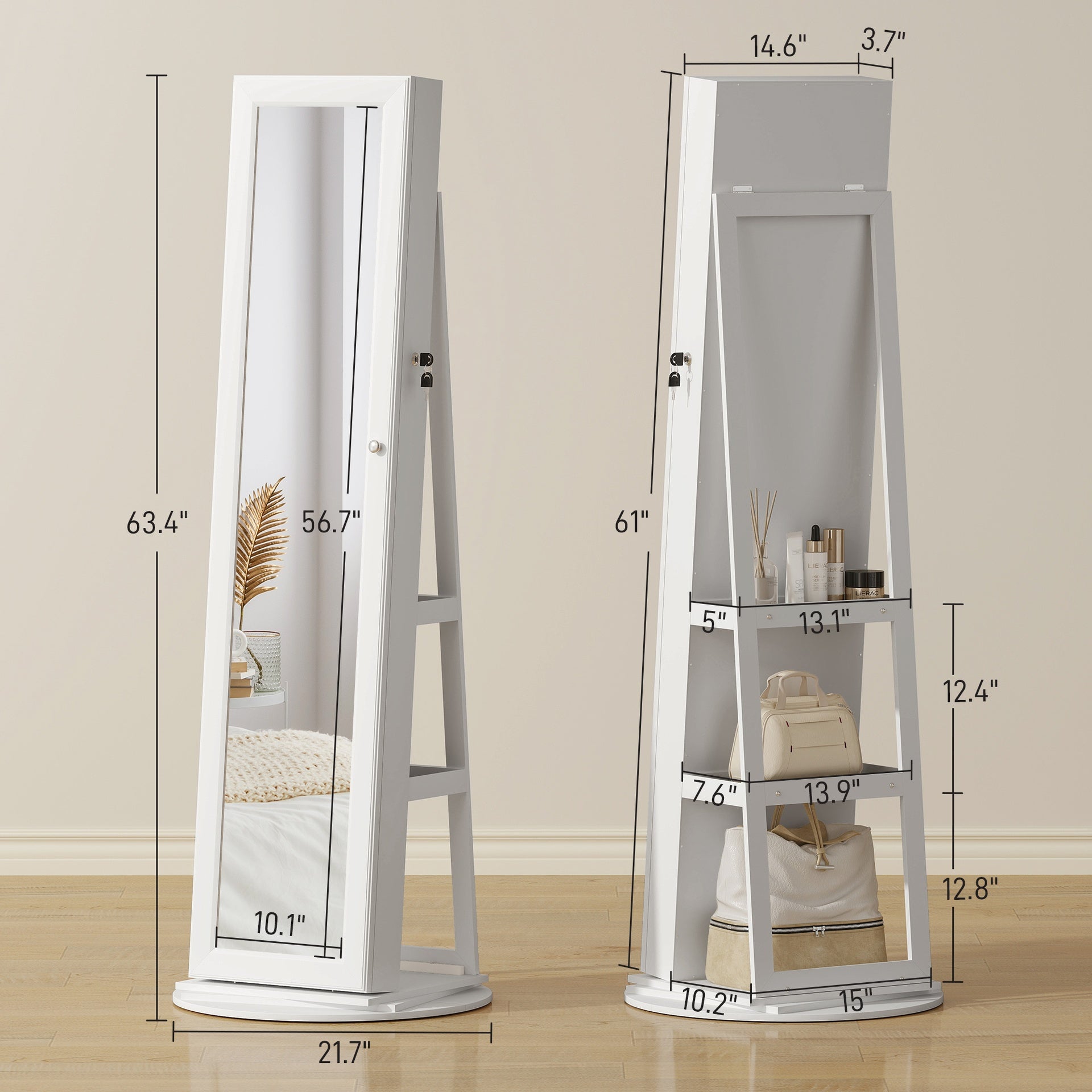 HOMCOM 360° Swivel Jewelry Armoire, Lockable Jewelry Cabinet with Full-Length Mirror, Storage Shelves, White