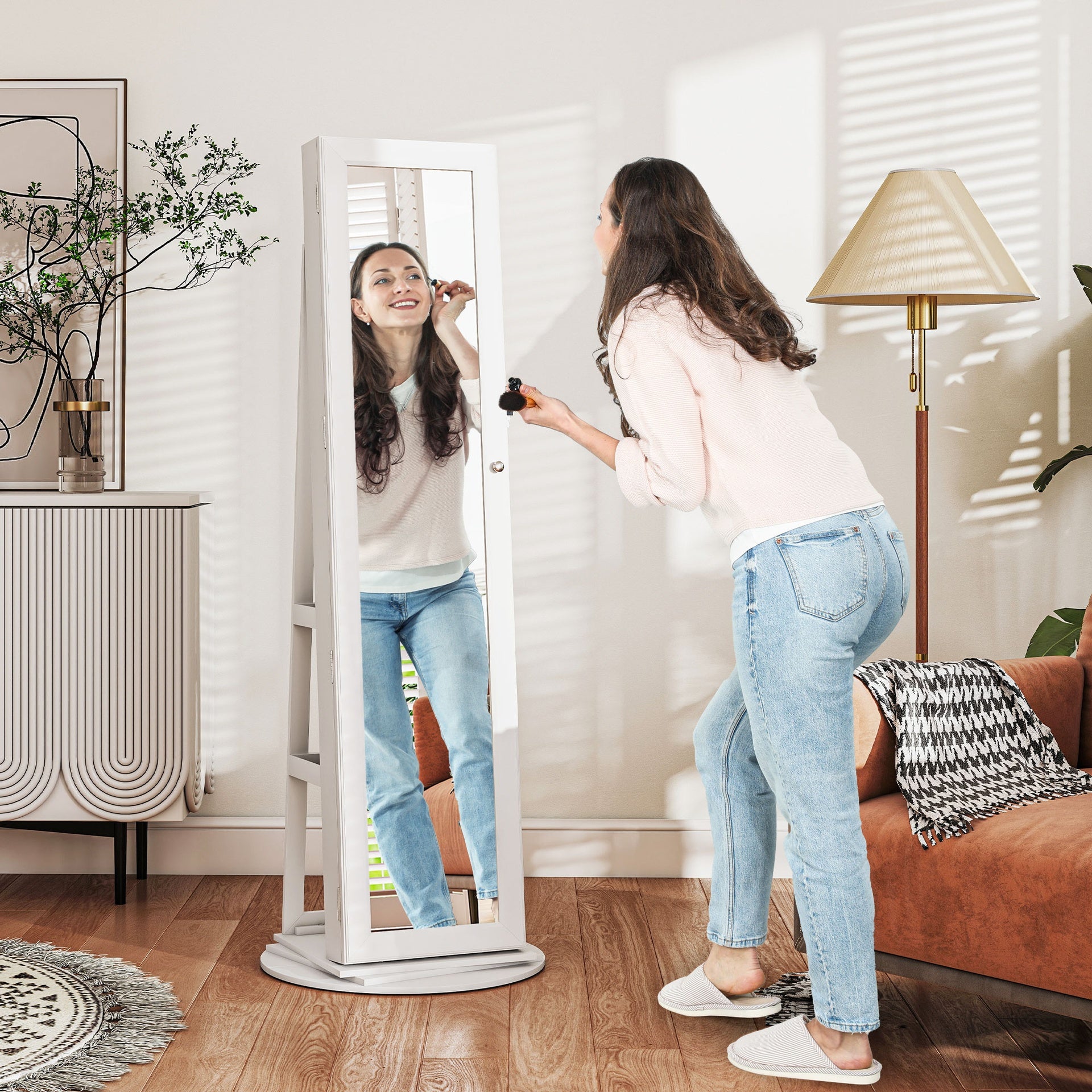 HOMCOM 360° Swivel Jewelry Armoire, Lockable Jewelry Cabinet with Full-Length Mirror, Storage Shelves, White