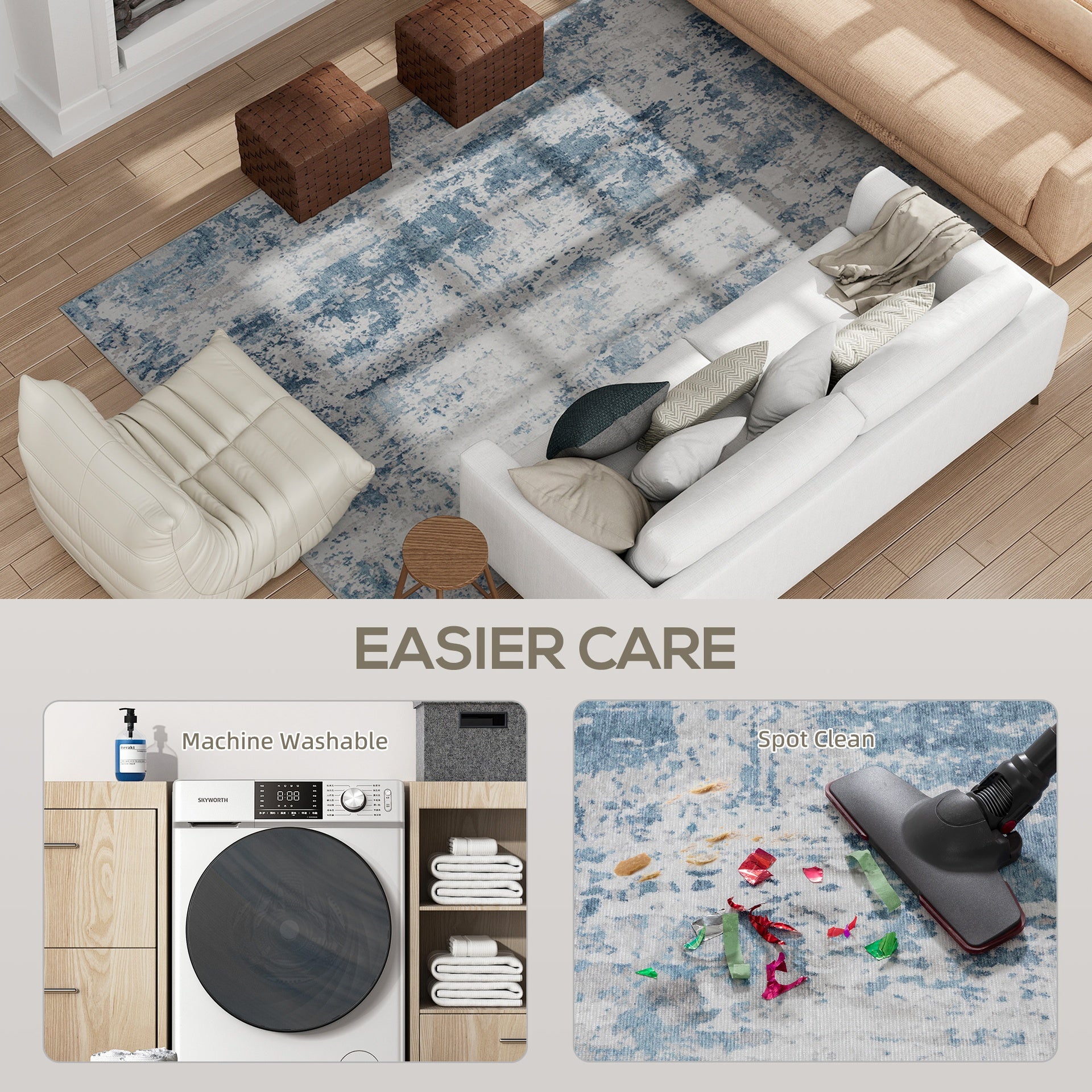 HOMCOM Area Rug 8x10, Machine Washable Rug, Non-Slip Modern Abstract Floor Carpet for Living Room, Bedroom, Dining Room, Blue